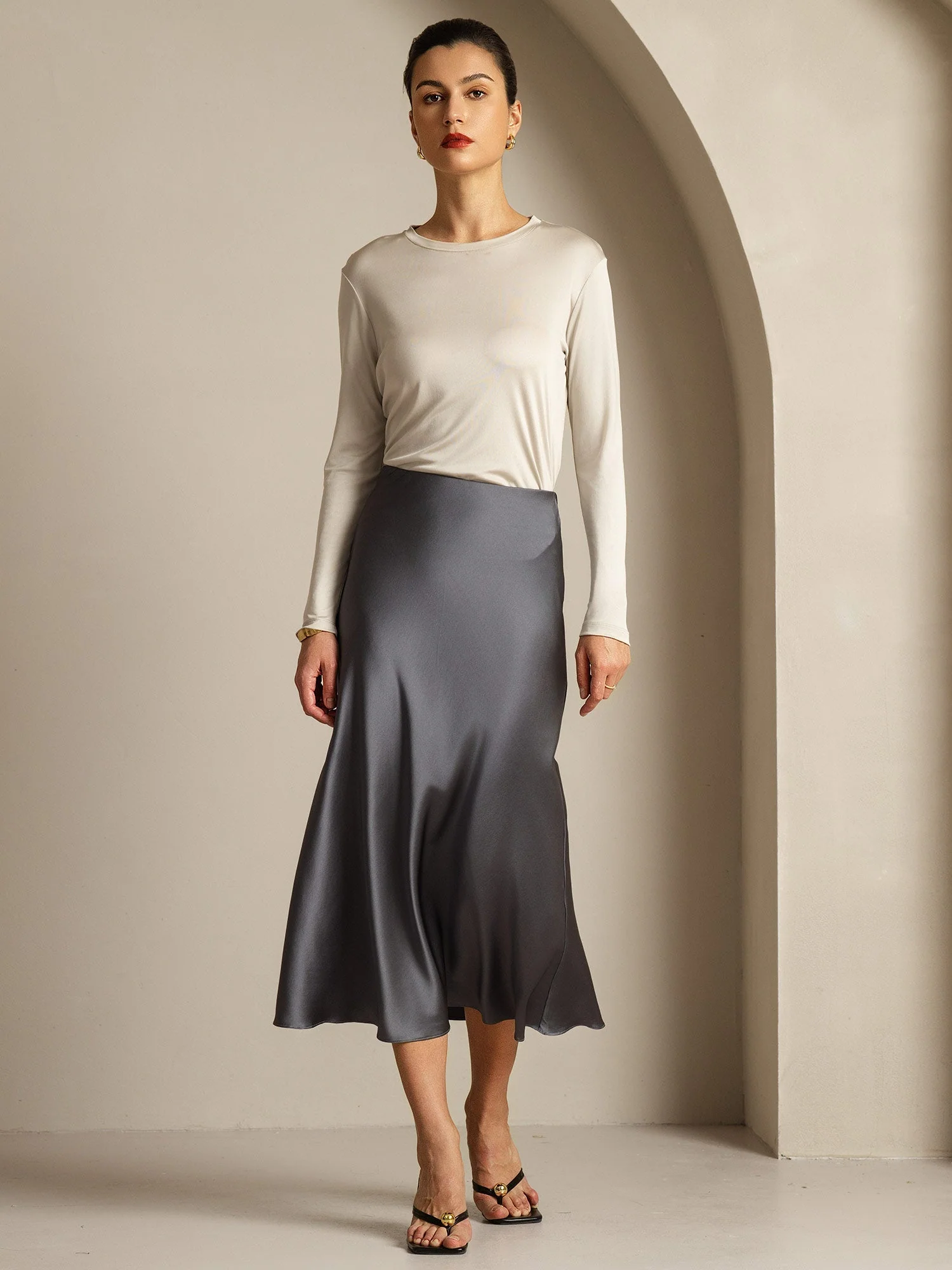 Women's Pure Silk Long Sleeve Round Neck Top - Image 49