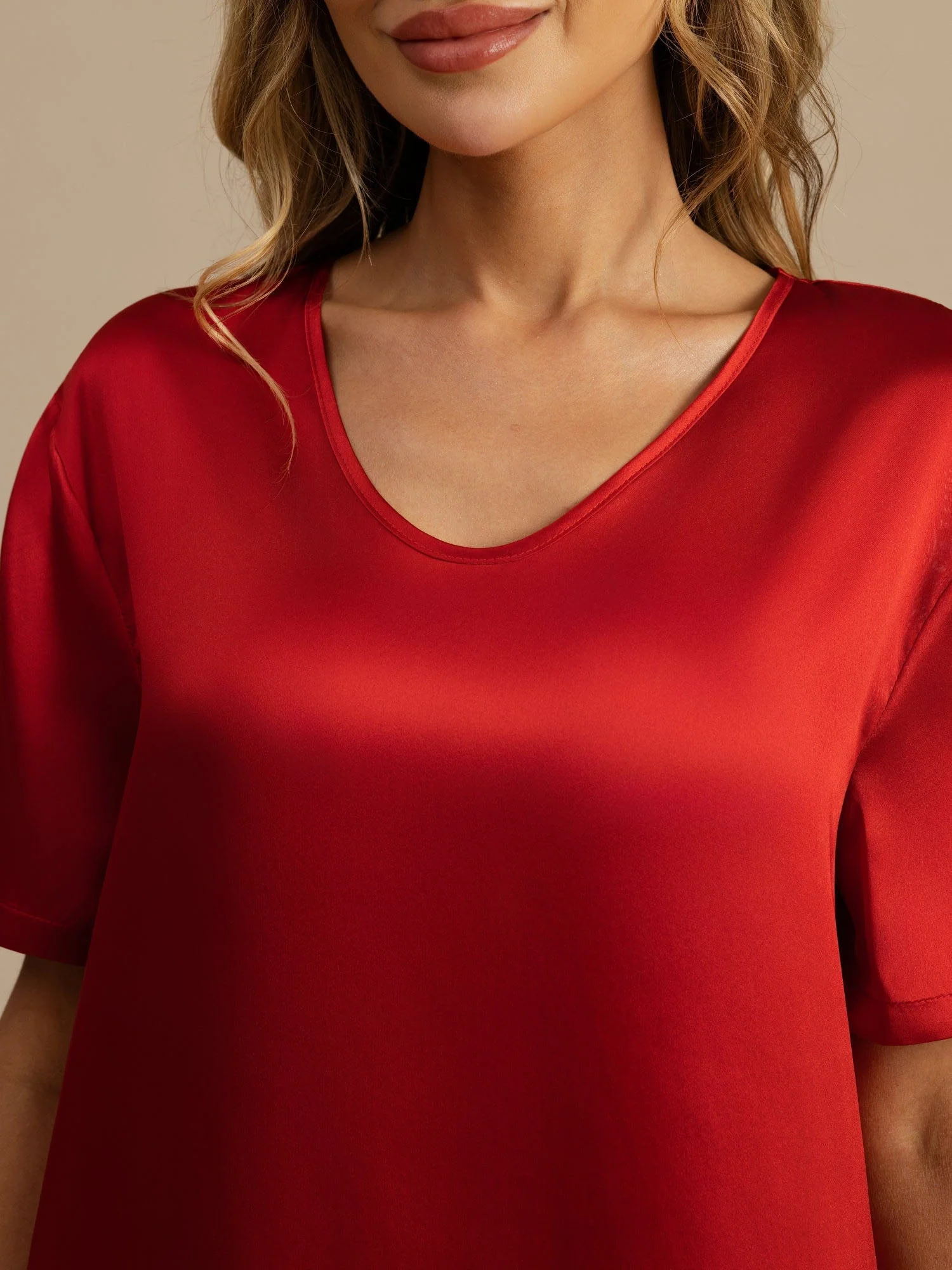 Pure Silk Half Sleeve V-neck Short Nightdress with Split Design - Image 11