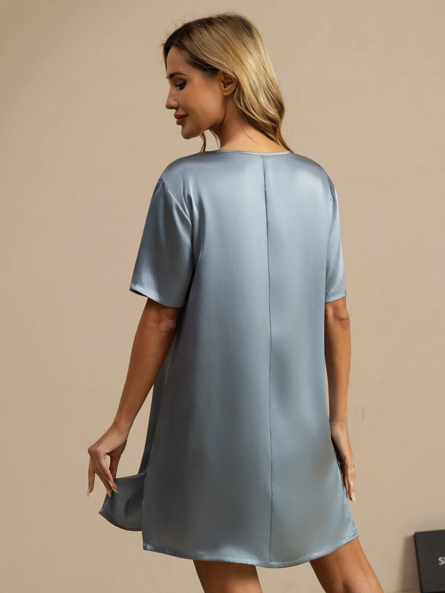 Pure Silk Half Sleeve V-neck Short Nightdress with Split Design - Image 13