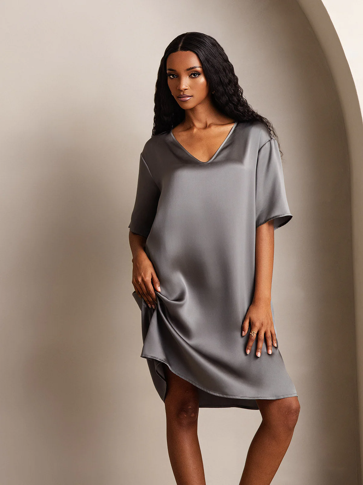 Pure Silk Half Sleeve V-neck Short Nightdress with Split Design - Image 31