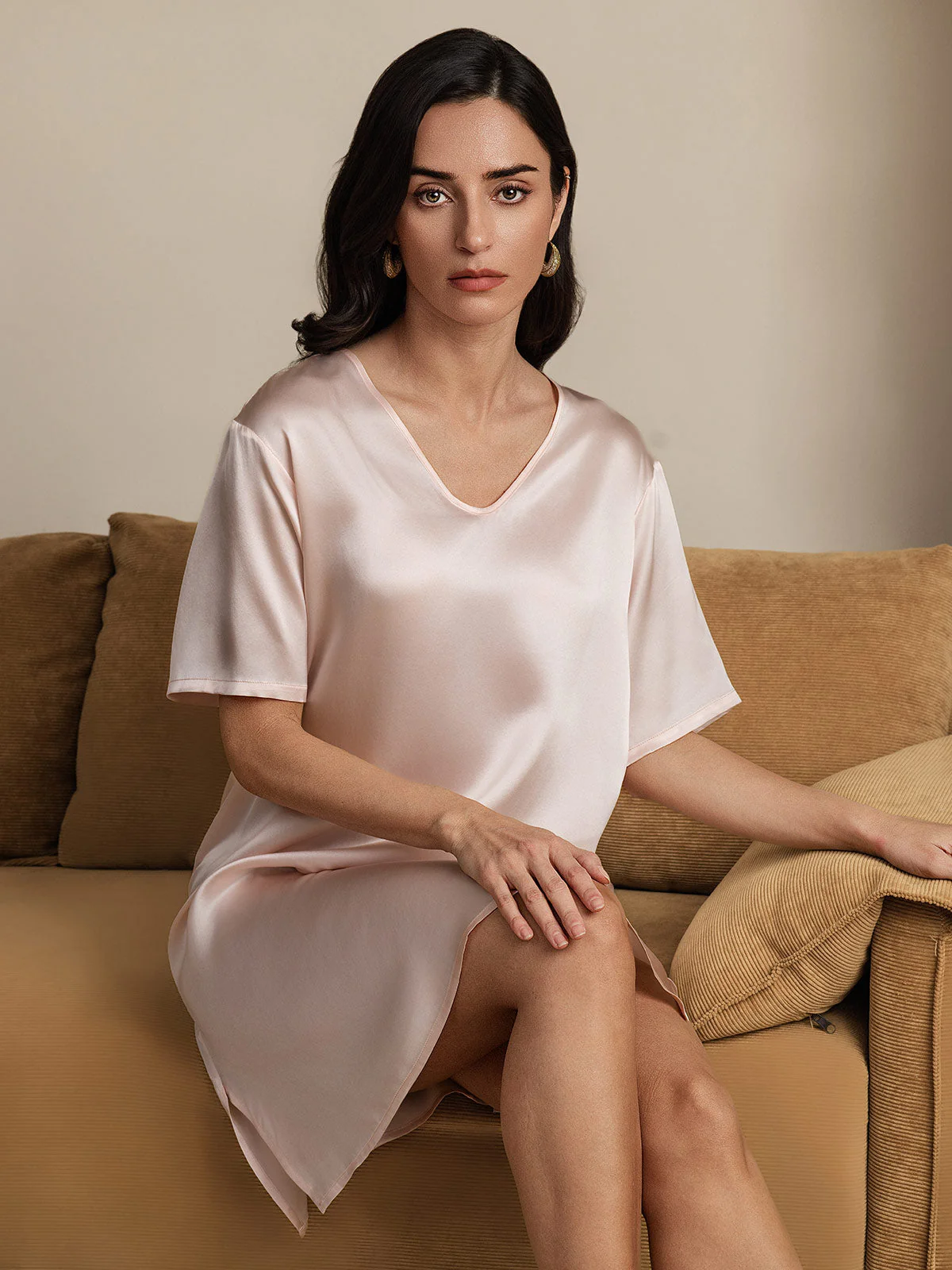 Pure Silk Half Sleeve V-neck Short Nightdress with Split Design - Image 38