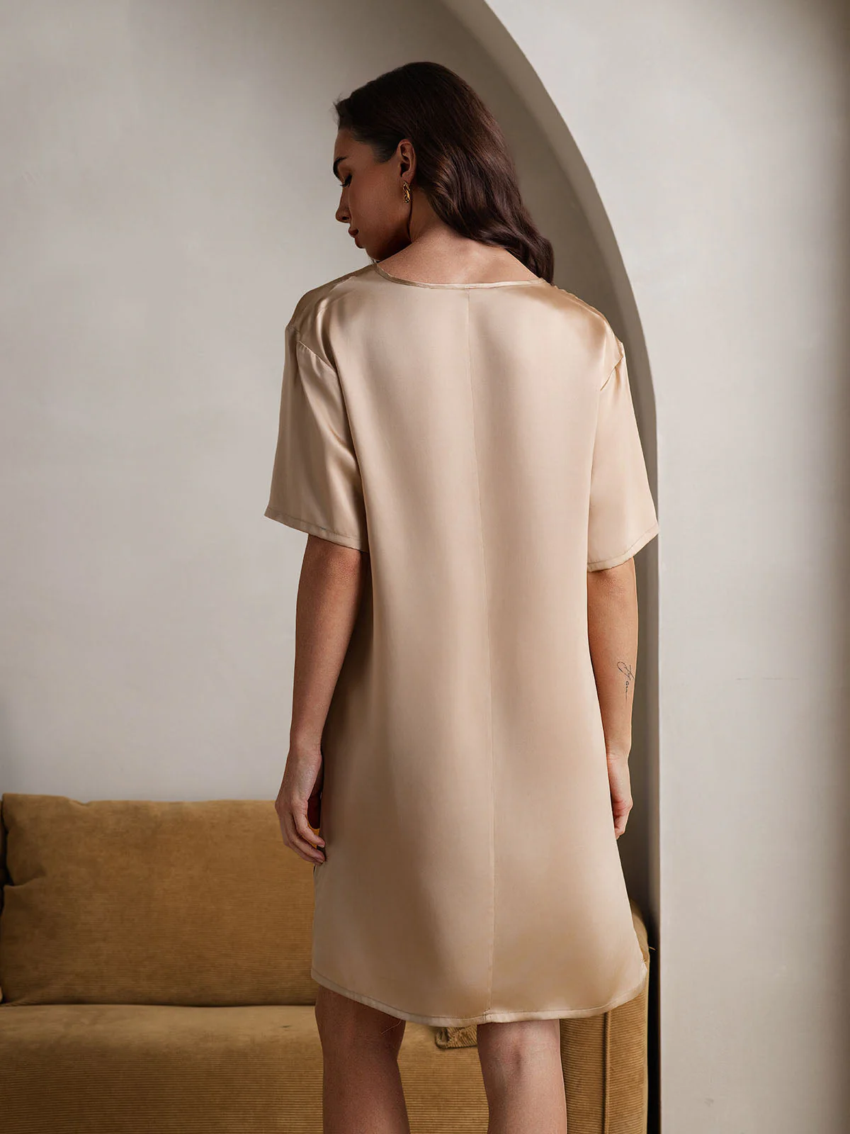 Pure Silk Half Sleeve V-neck Short Nightdress with Split Design - Image 42