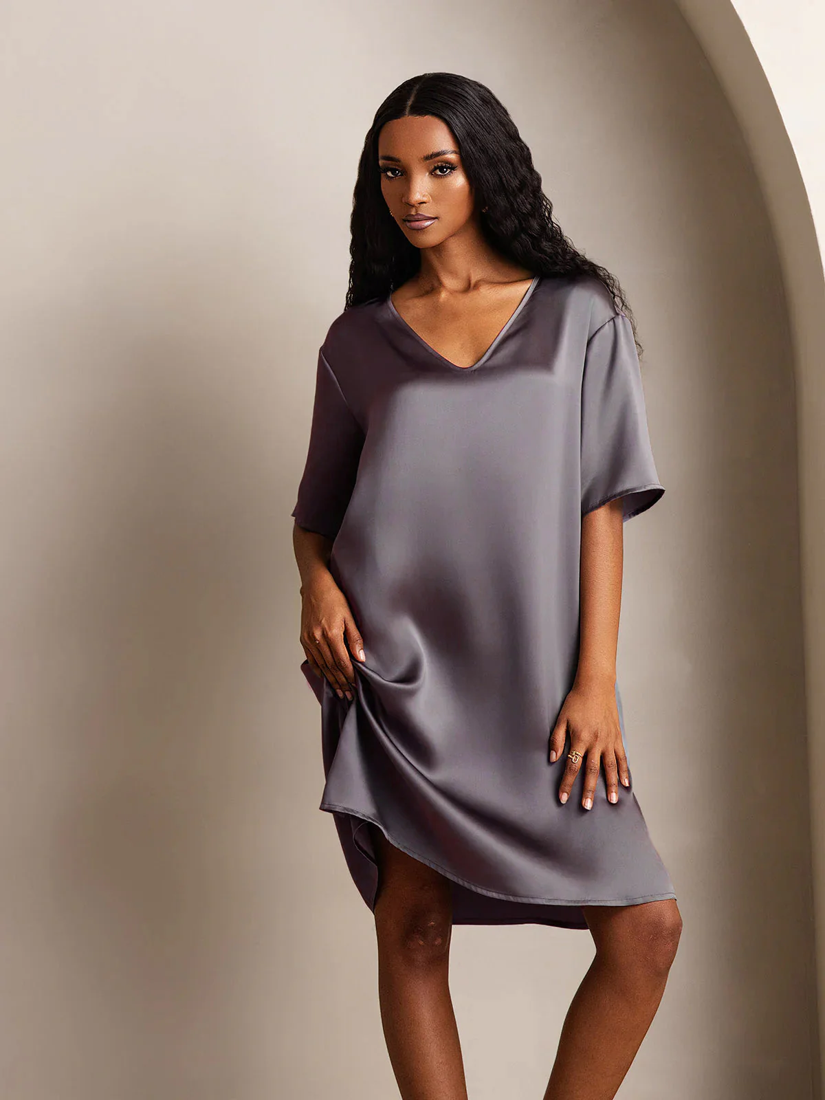 Pure Silk Half Sleeve V-neck Short Nightdress with Split Design - Image 52