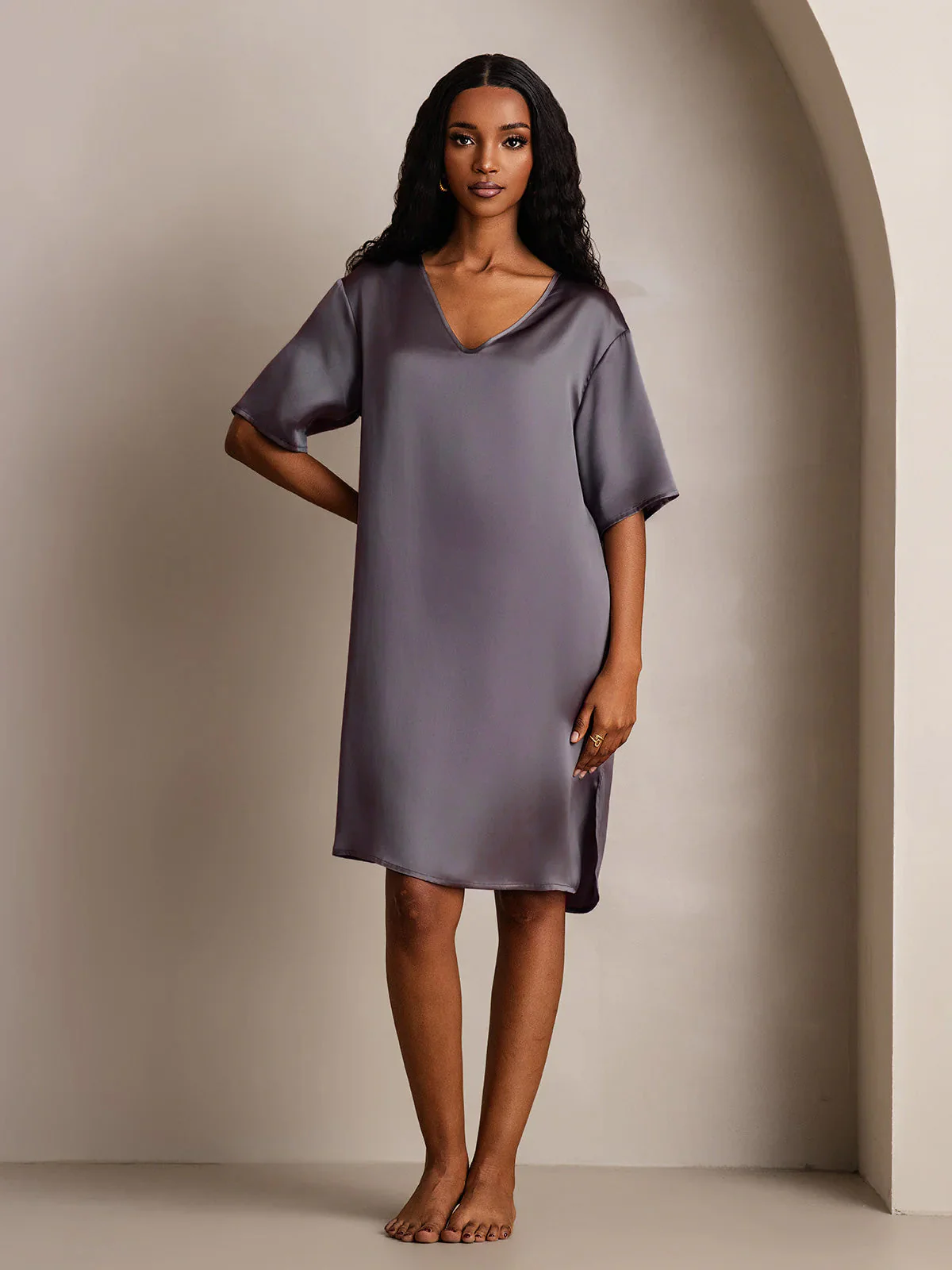 Pure Silk Half Sleeve V-neck Short Nightdress with Split Design - Image 56