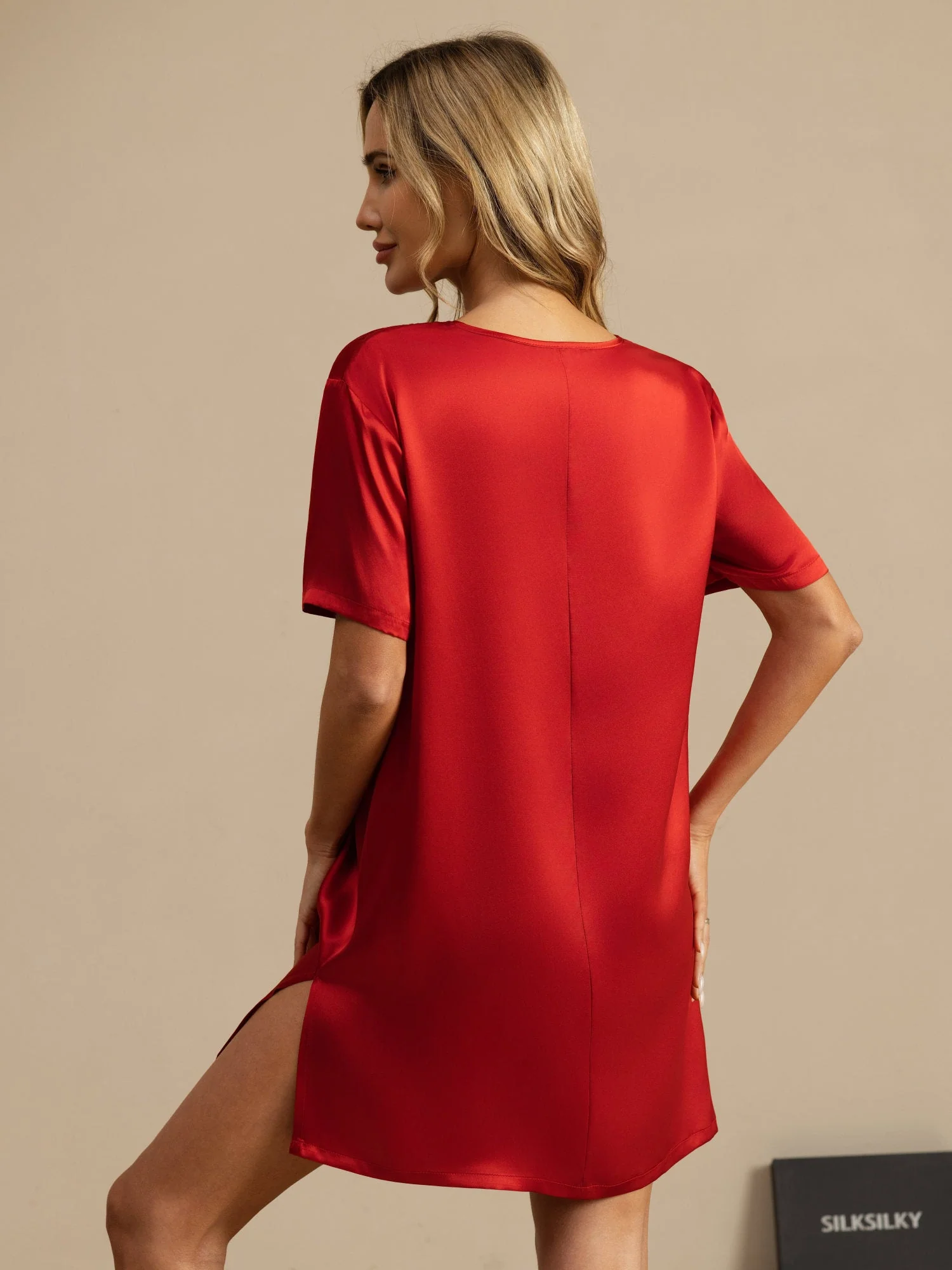 Pure Silk Half Sleeve V-neck Short Nightdress with Split Design - Image 8