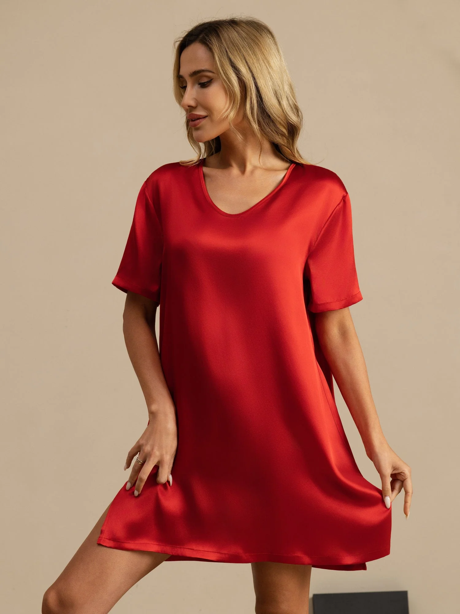 Pure Silk Half Sleeve V-neck Short Nightdress with Split Design - Image 9