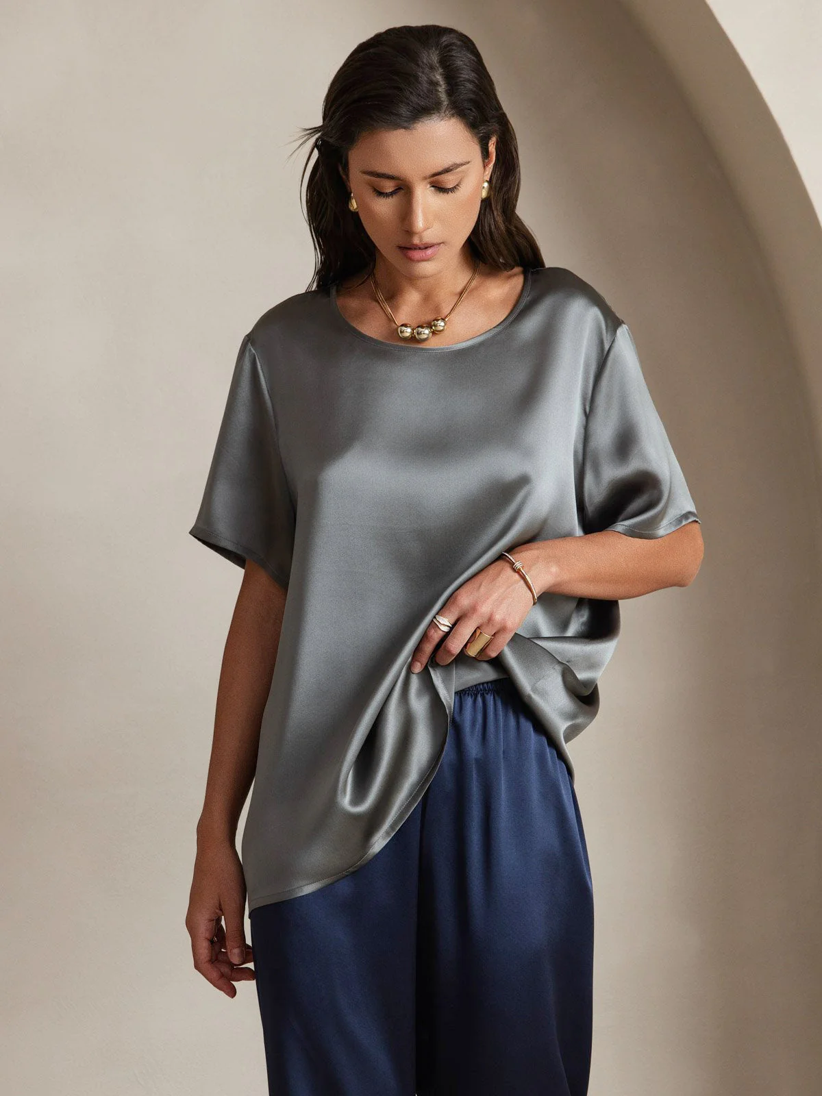 Clearance(Ships to UK Only) - Women's Pure Silk Short Sleeve Round Neck T-Shirt - Image 10