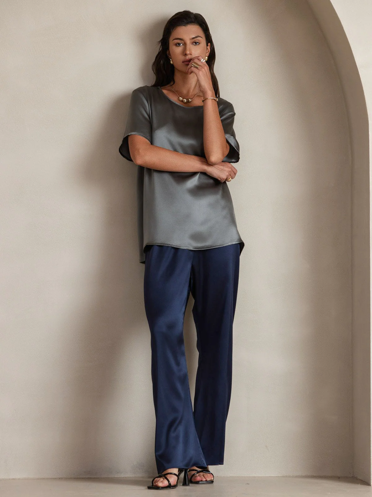 Clearance(Ships to UK Only) - Women's Pure Silk Short Sleeve Round Neck T-Shirt - Image 12