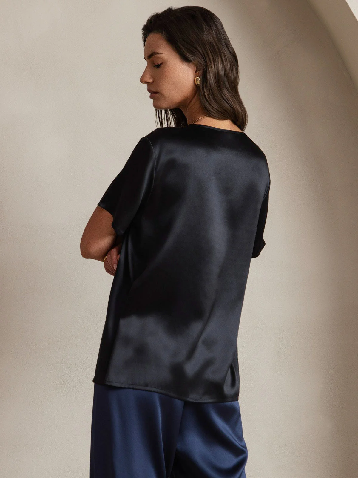 Clearance(Ships to UK Only) - Women's Pure Silk Short Sleeve Round Neck T-Shirt - Image 2