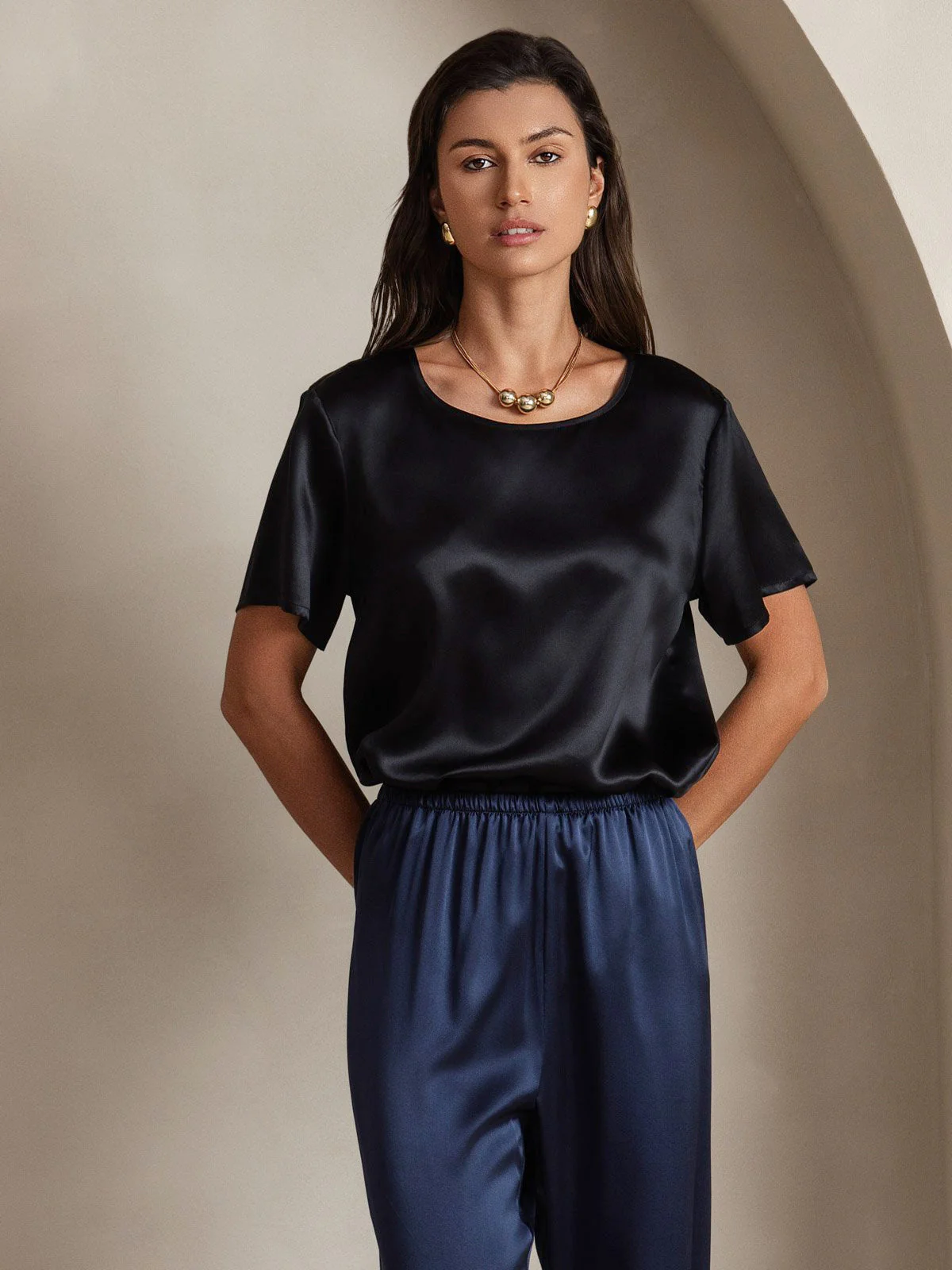 Clearance(Ships to UK Only) - Women's Pure Silk Short Sleeve Round Neck T-Shirt - Image 5