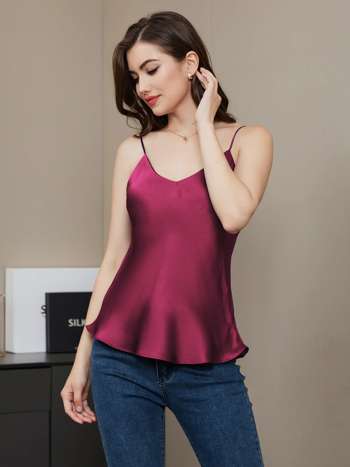 Pure Silk Spaghetti Strap V Neck Camisoles - Image 66
