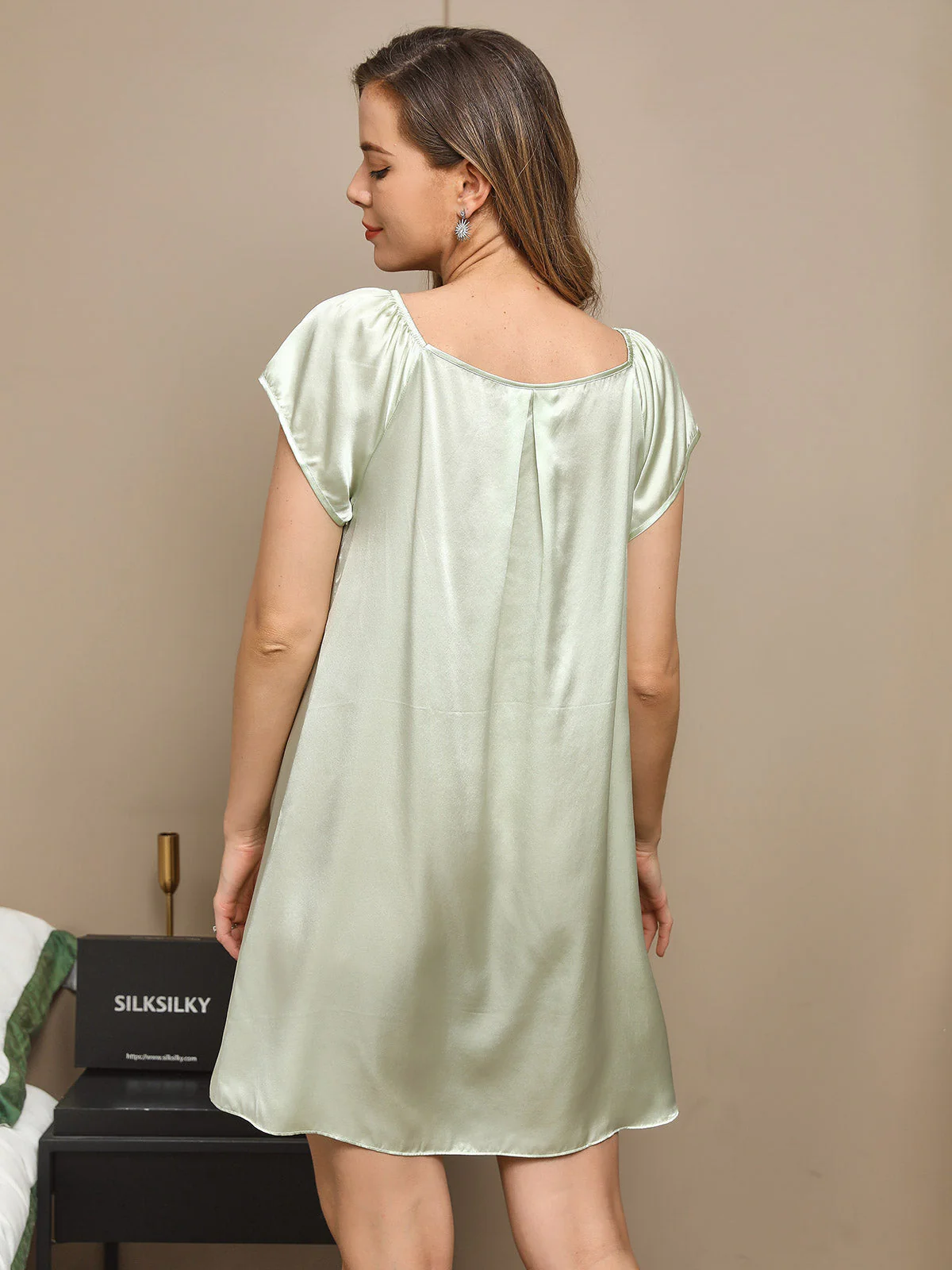 Pure Silk Cap Sleeve Square Neck Short Nightdress - Image 7