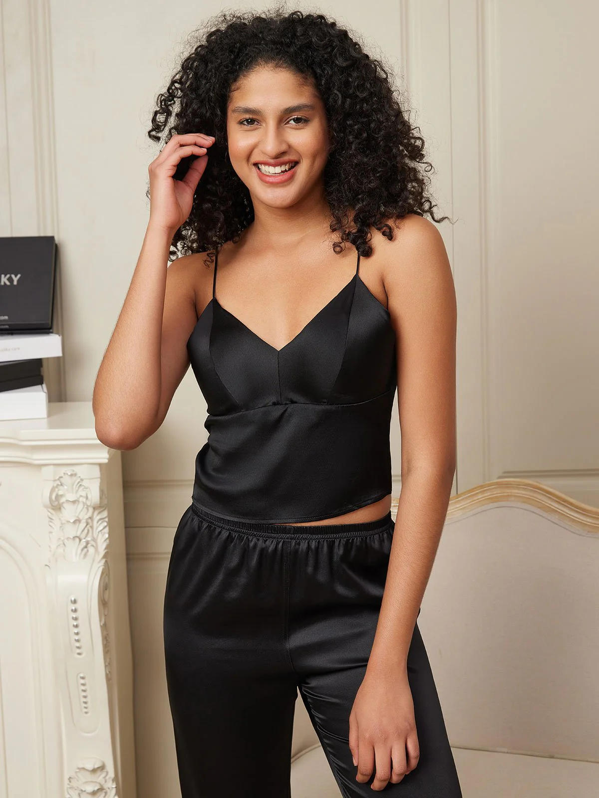 Pure Silk Spaghetti Strap V Neck Camisoles with Built-in Bra - Image 10