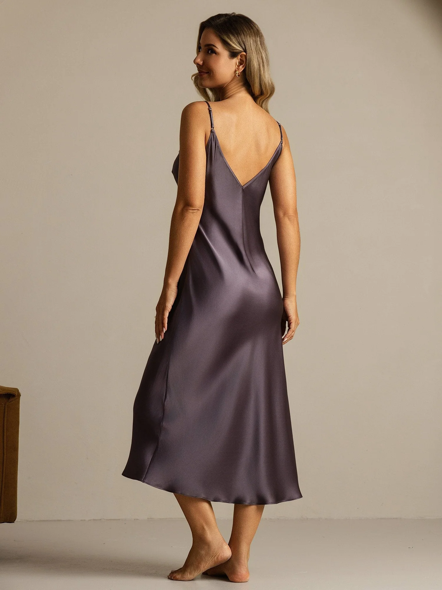Pure Silk Spaghetti Strap Long Nightgown with Lace Split Design - Image 2