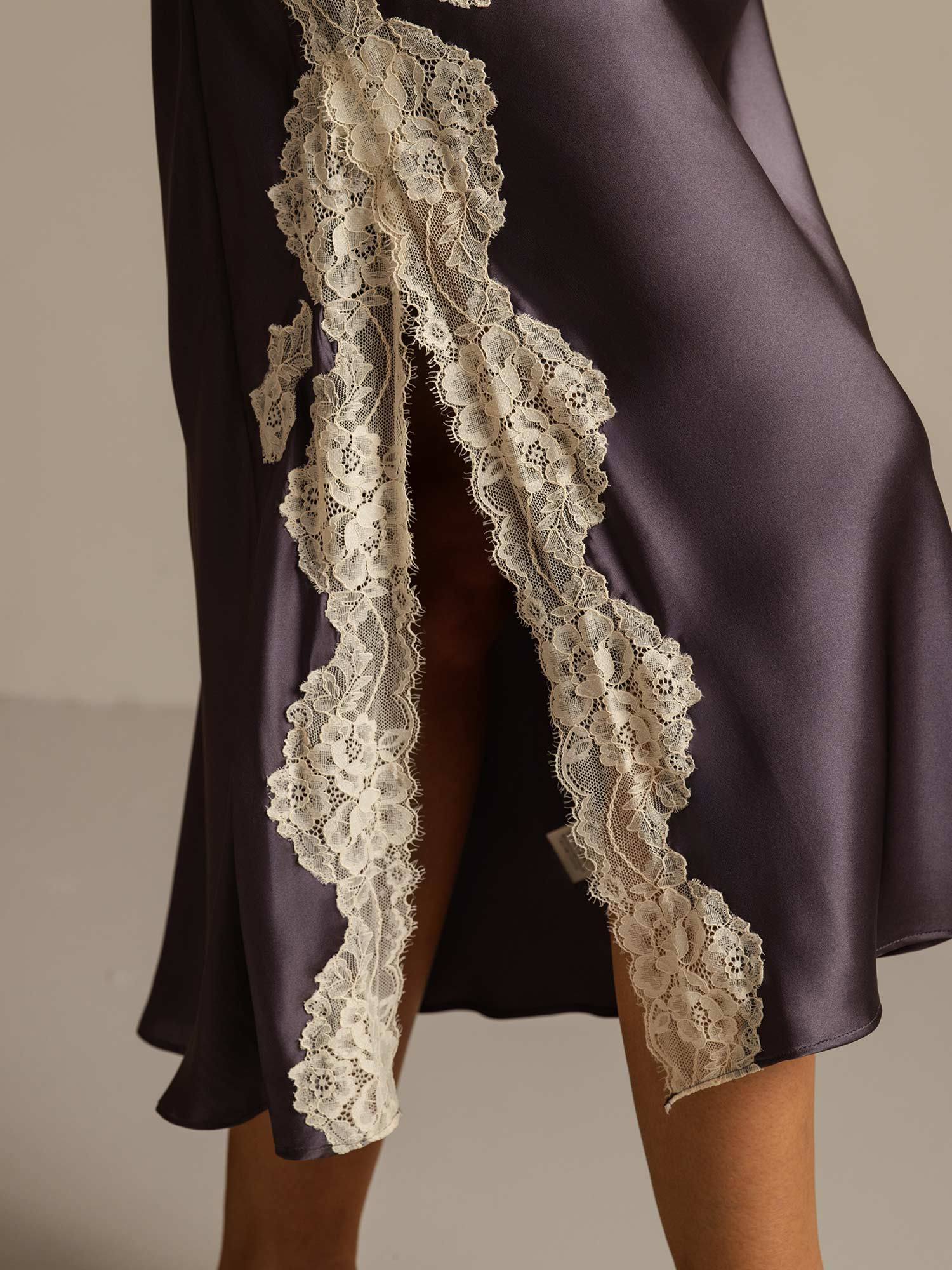 Pure Silk Spaghetti Strap Long Nightgown with Lace Split Design - Image 6