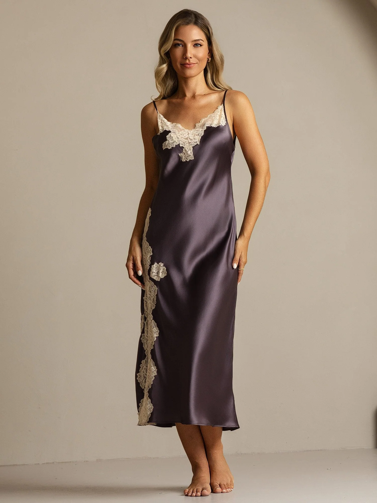 Pure Silk Spaghetti Strap Long Nightgown with Lace Split Design - Image 8