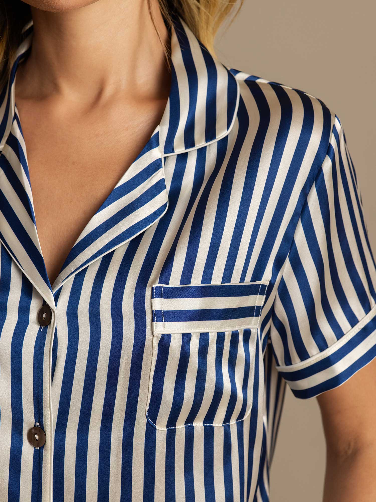 Women's Pure Silk Stripe Print Short Sleeve Notch Collar Pajamas Set With Shorts - Image 14