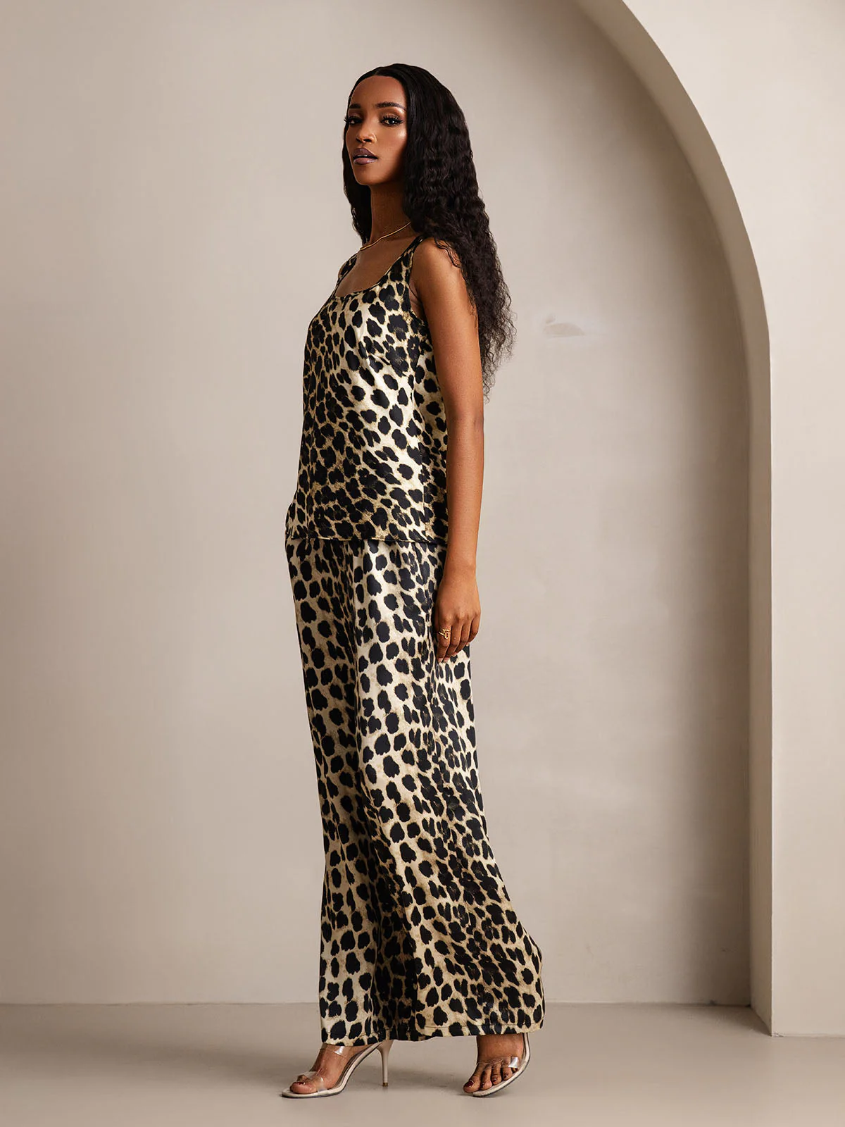 Women's Pure Silk Leopard Print U-Neck Tank Top & Wide Leg Pants Set - Image 5