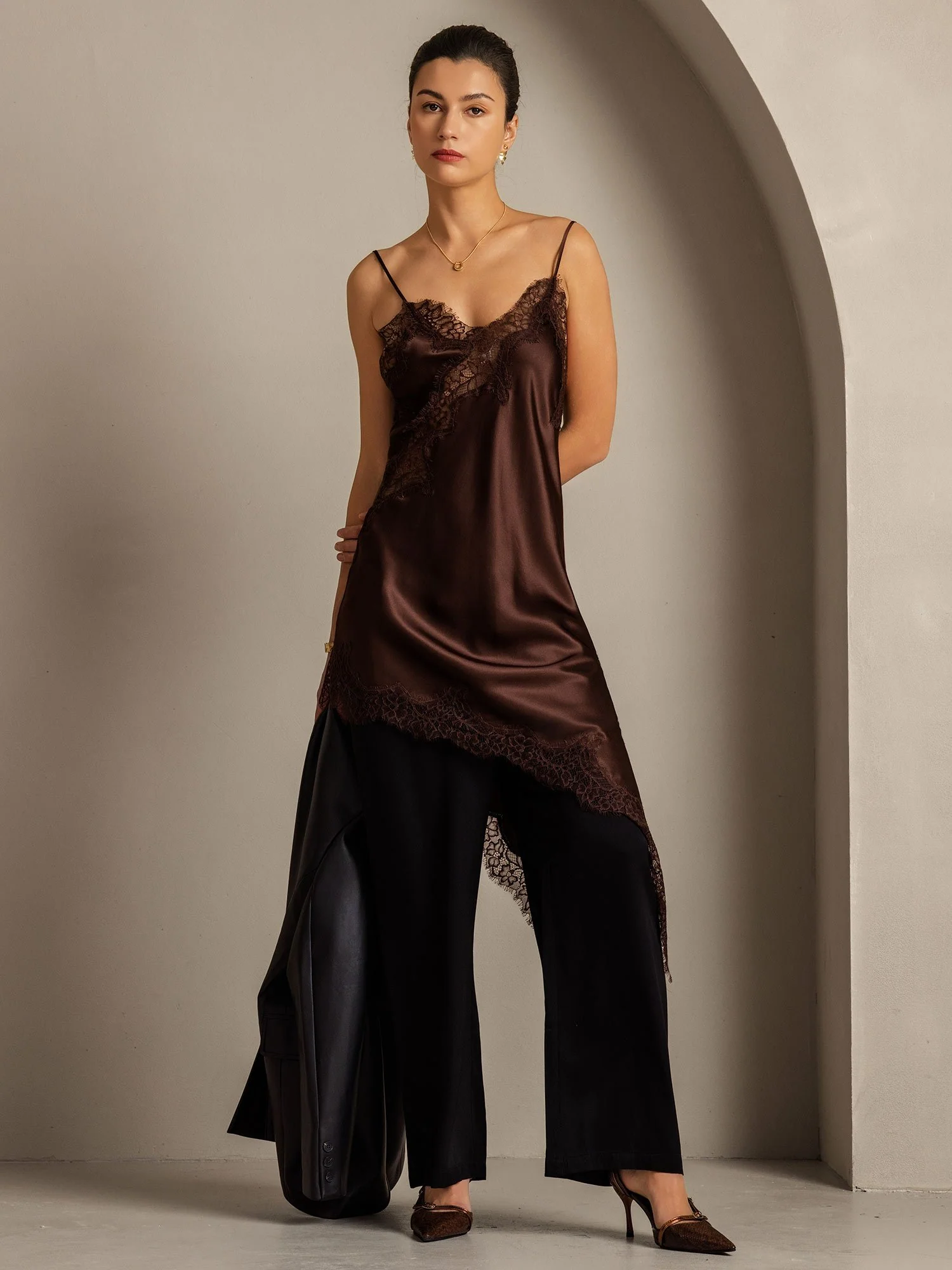 Pure Silk V Neck Asymmetrical Hem Slip Short Dress with Lace Design - Image 17