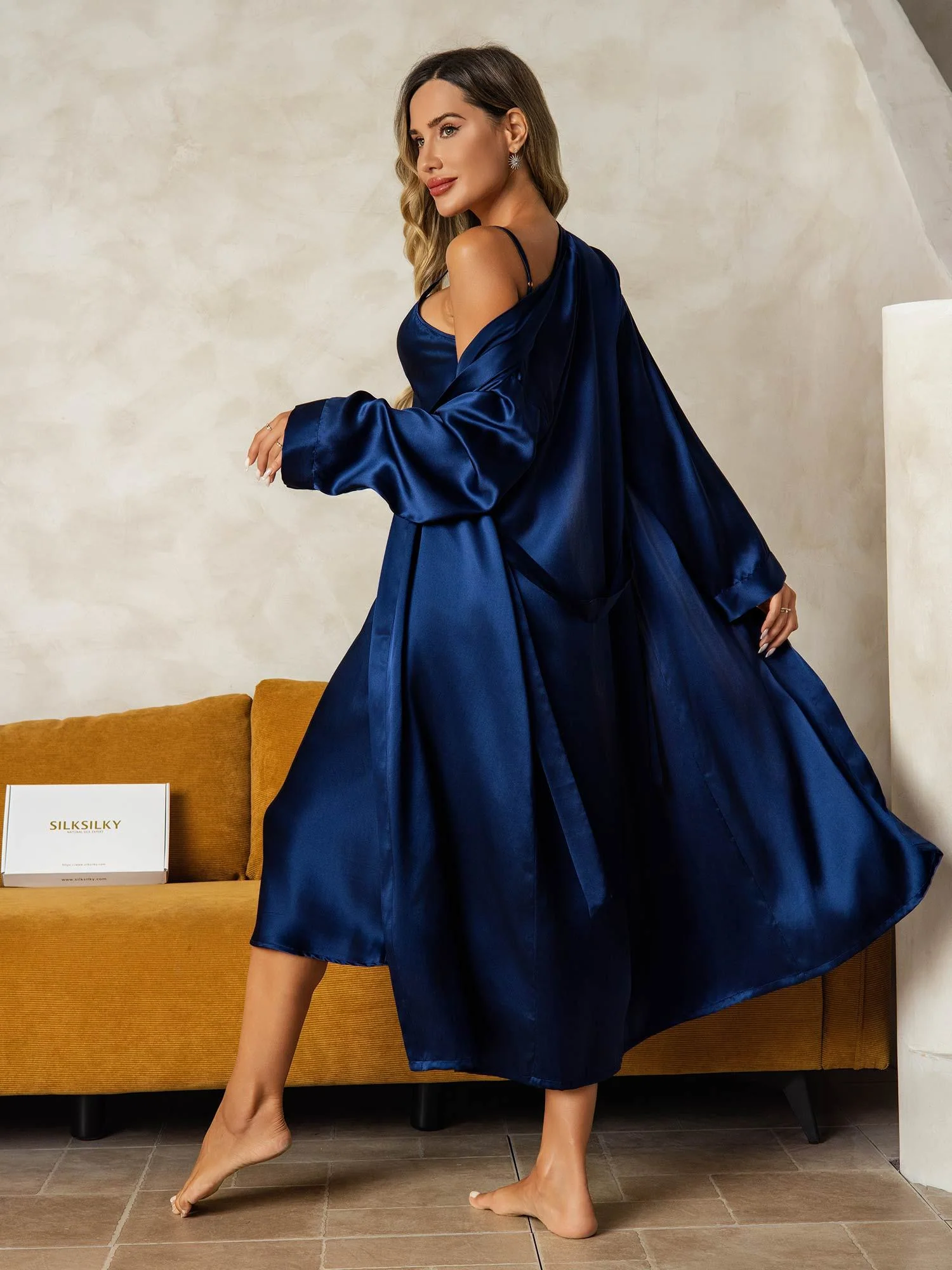 Pure Silk V-Neck Midi Nightdress & Dressing Gown Set 2Pcs - Image 11