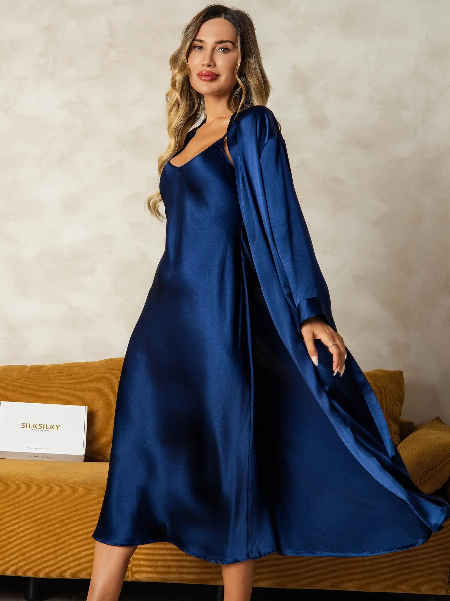 Pure Silk V-Neck Midi Nightdress & Dressing Gown Set 2Pcs - Image 13