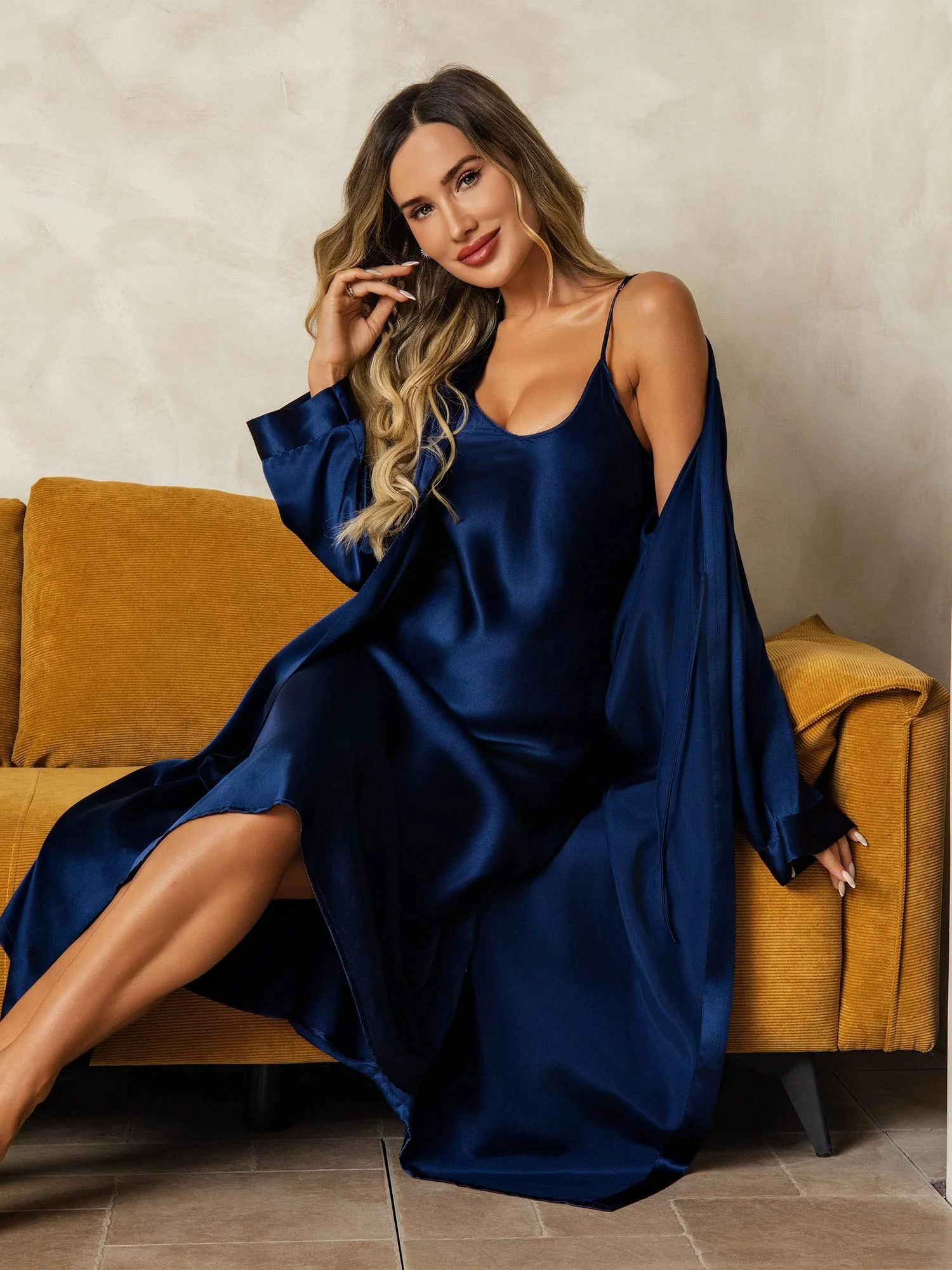 Pure Silk V-Neck Midi Nightdress & Dressing Gown Set 2Pcs - Image 15