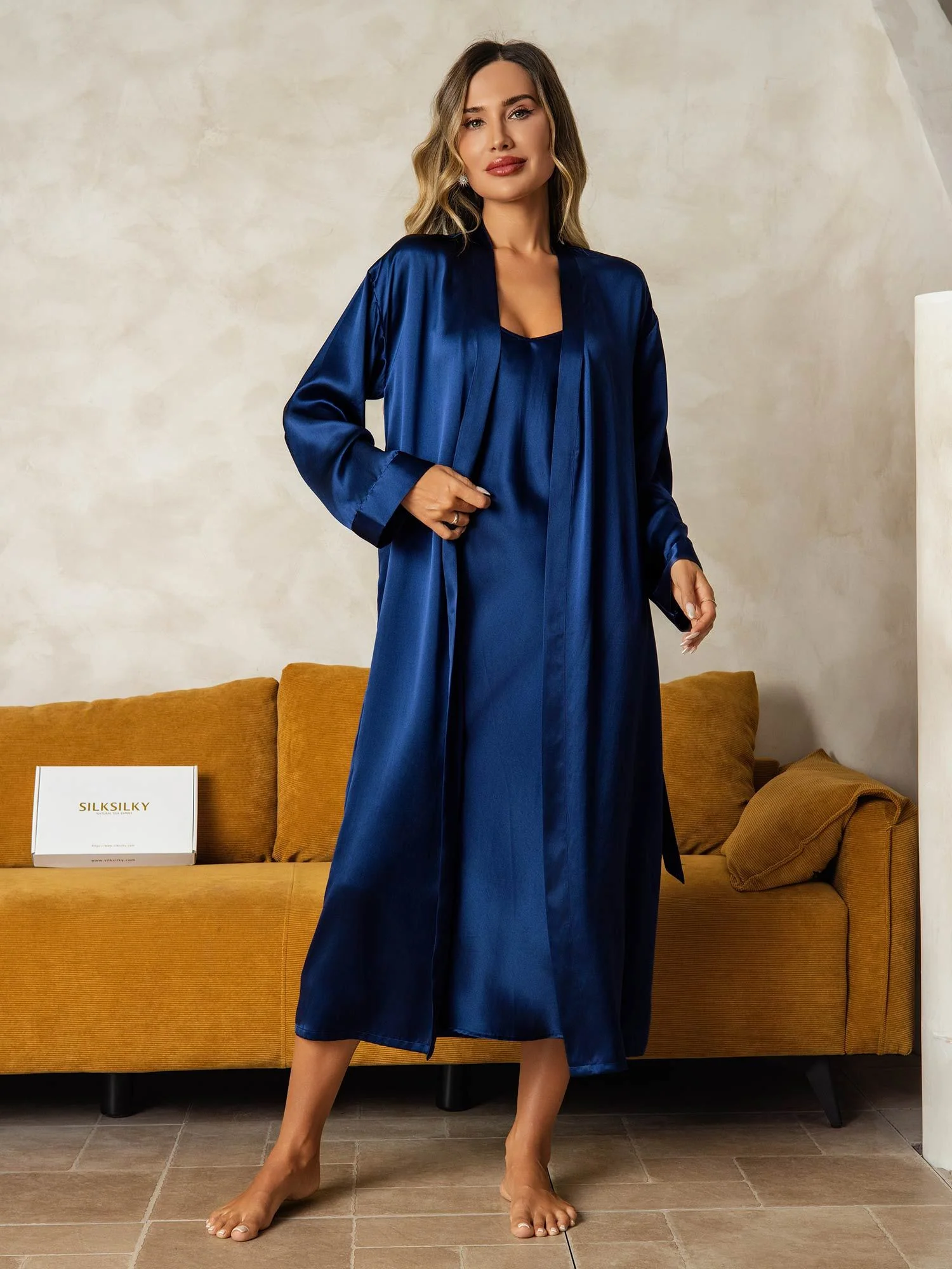 Pure Silk V-Neck Midi Nightdress & Dressing Gown Set 2Pcs - Image 17