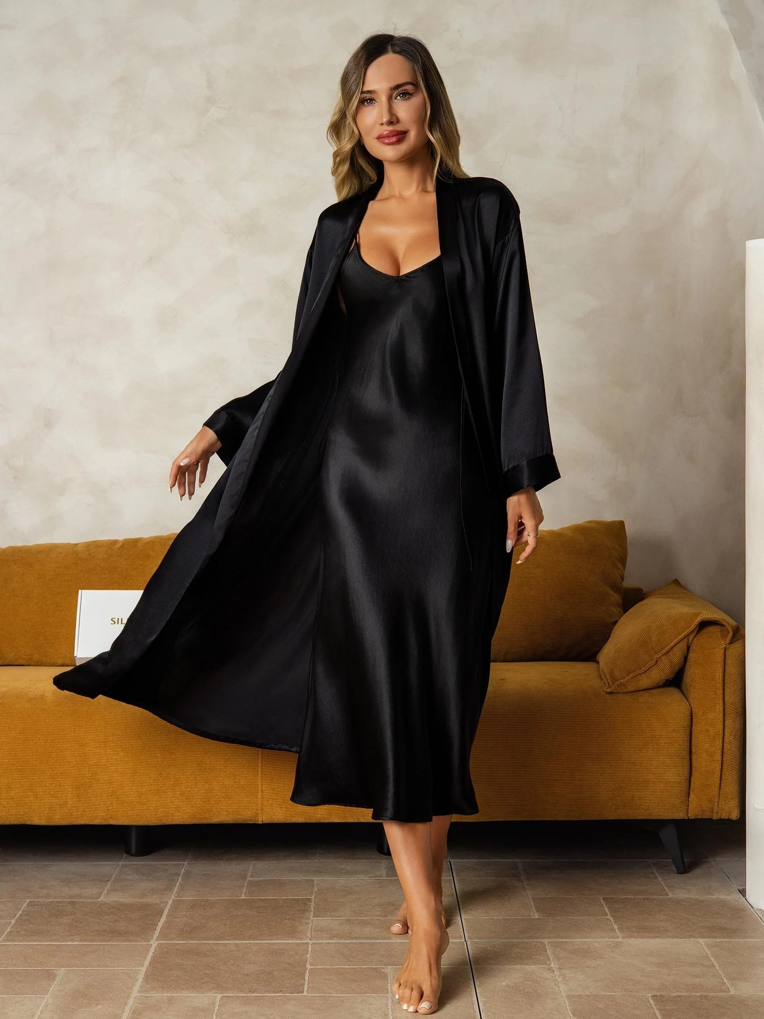 Pure Silk V-Neck Midi Nightdress & Dressing Gown Set 2Pcs - Image 19
