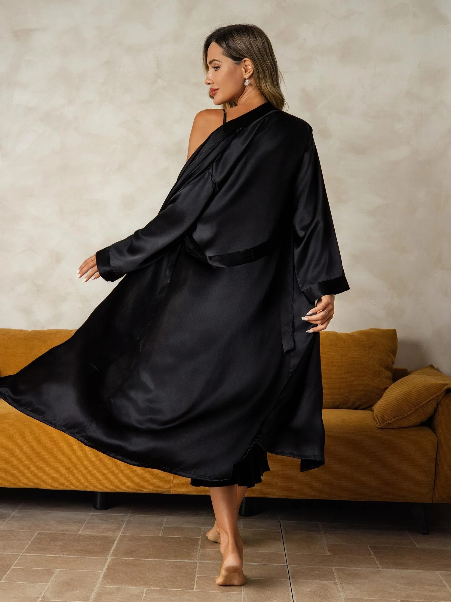 Pure Silk V-Neck Midi Nightdress & Dressing Gown Set 2Pcs - Image 20