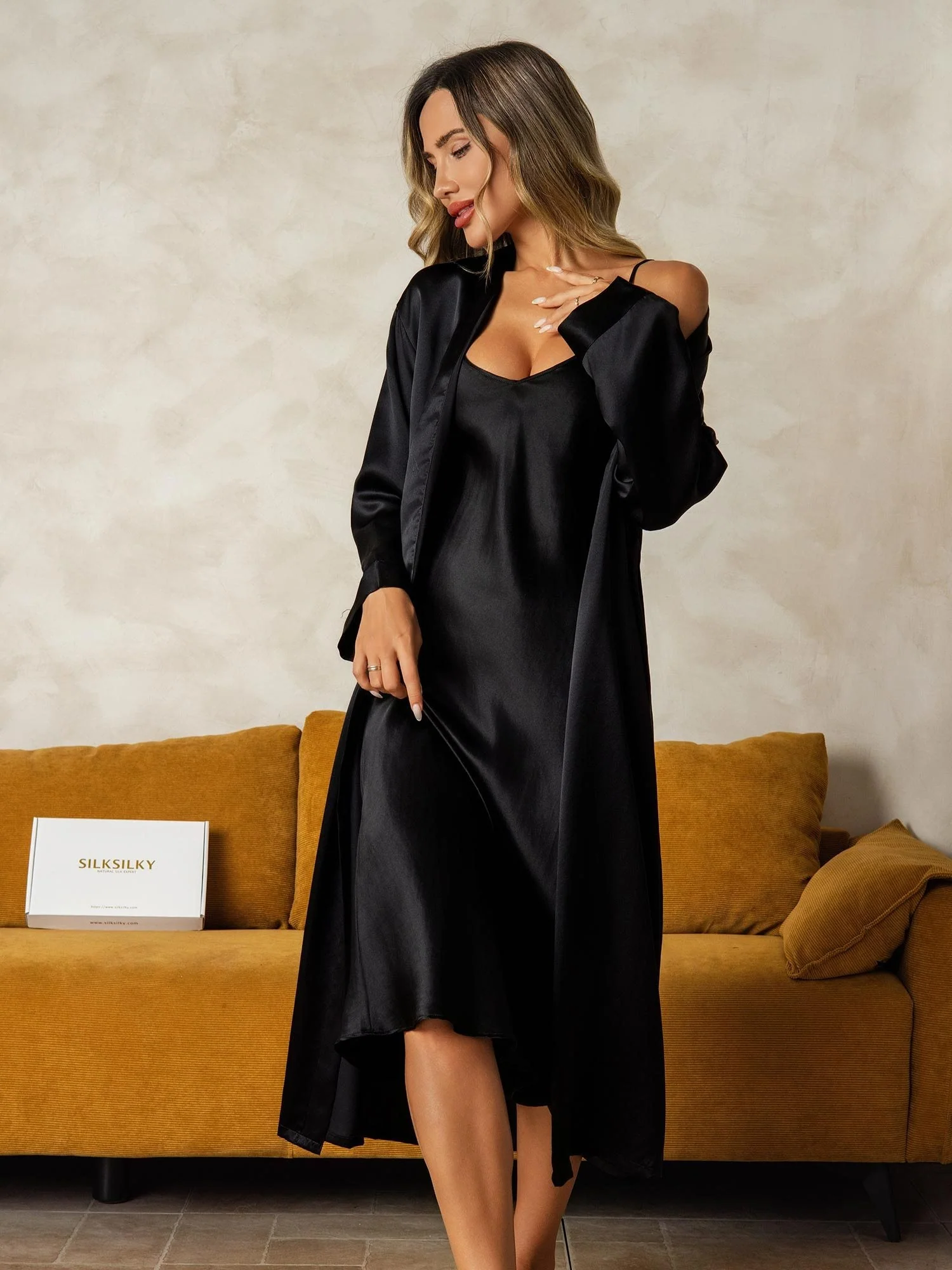Pure Silk V-Neck Midi Nightdress & Dressing Gown Set 2Pcs - Image 21