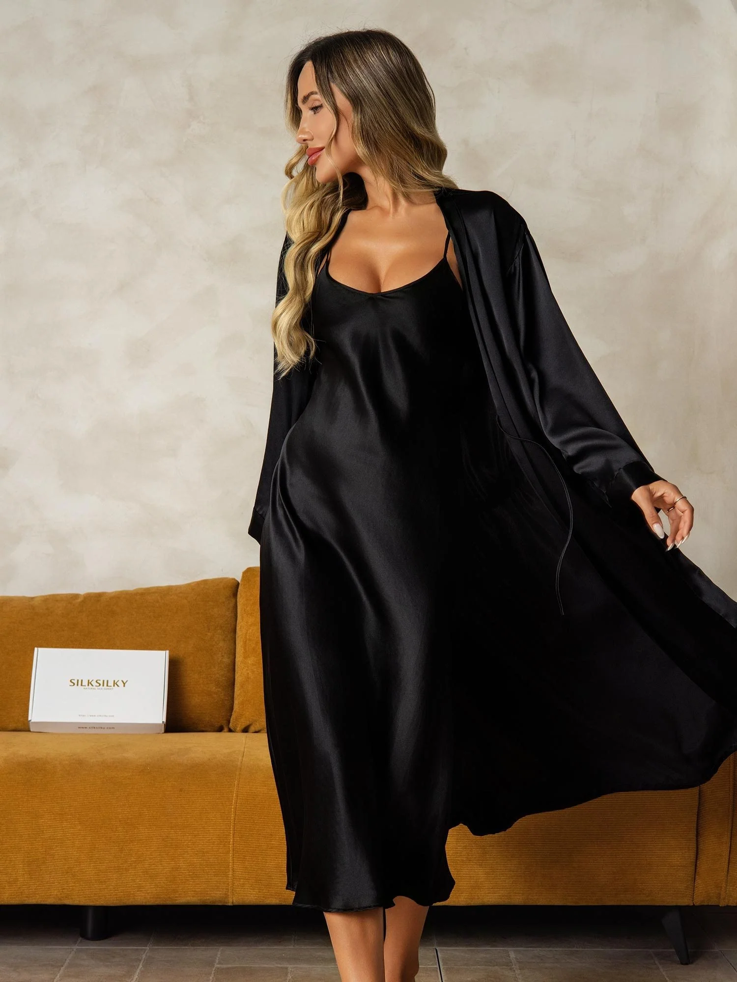Pure Silk V-Neck Midi Nightdress & Dressing Gown Set 2Pcs - Image 23