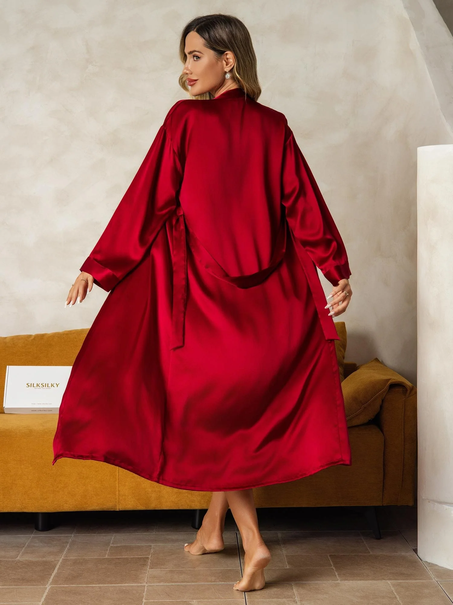 Pure Silk V-Neck Midi Nightdress & Dressing Gown Set 2Pcs - Image 3