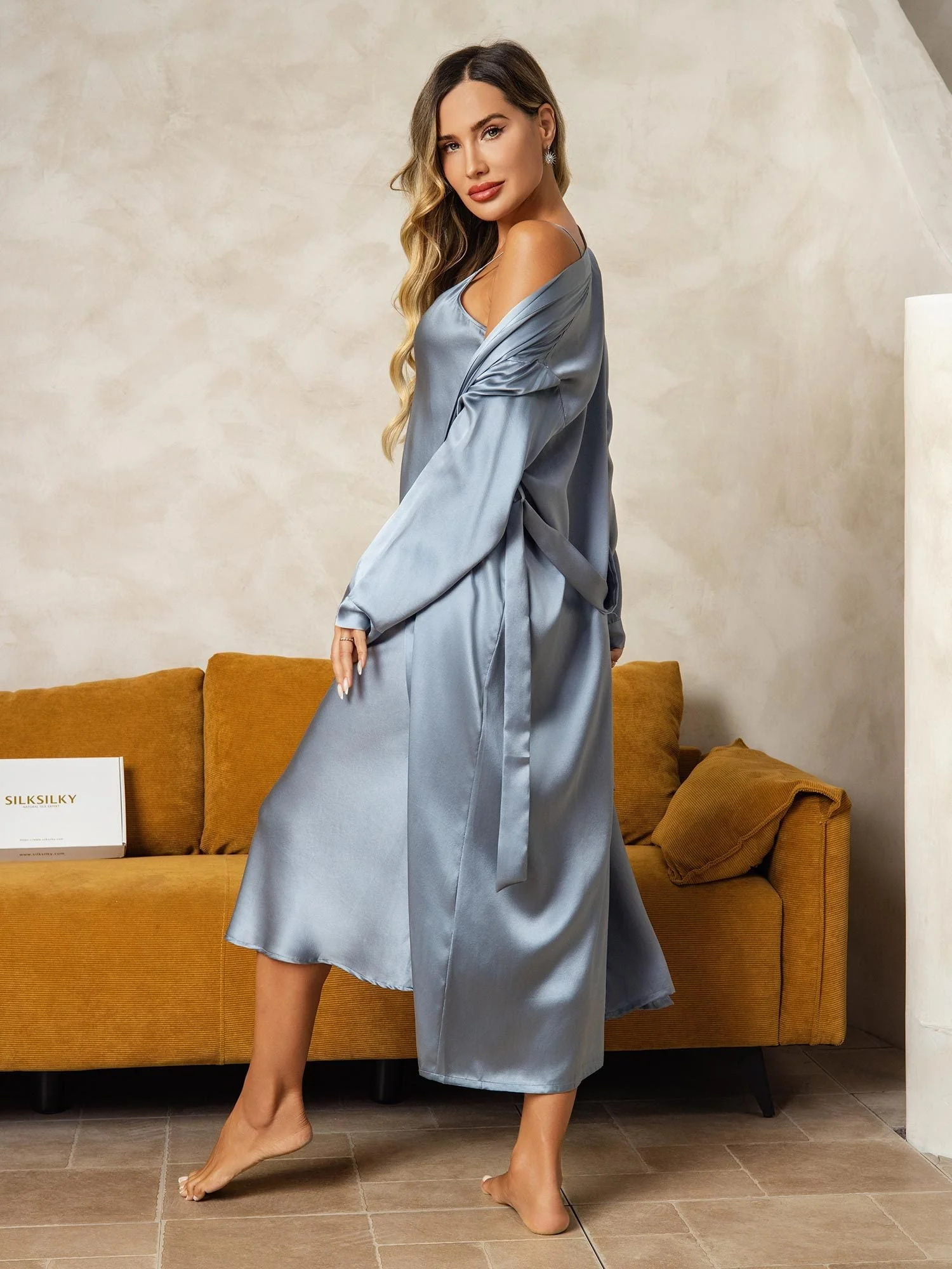 Pure Silk V-Neck Midi Nightdress & Dressing Gown Set 2Pcs - Image 34