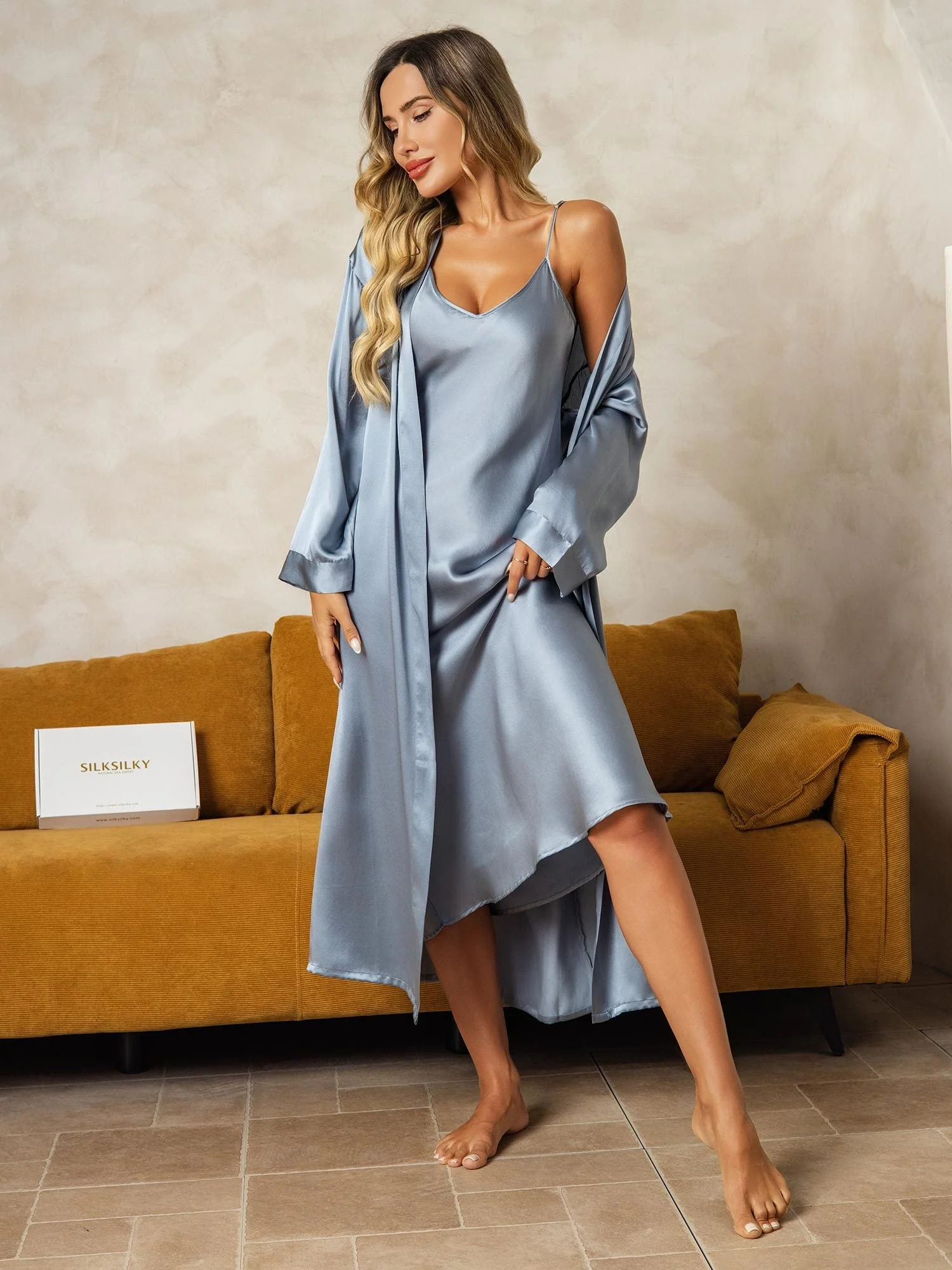 Pure Silk V-Neck Midi Nightdress & Dressing Gown Set 2Pcs - Image 36