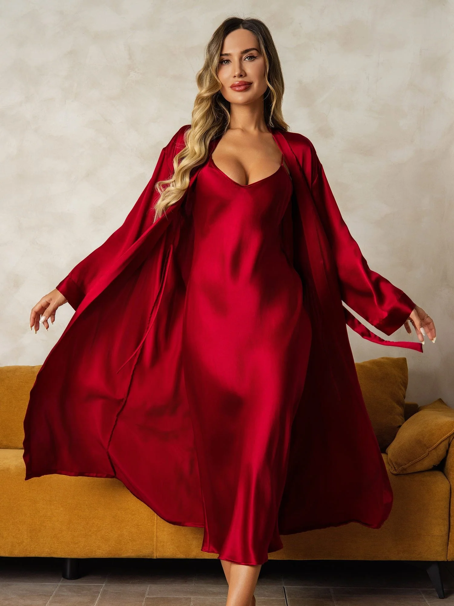 Pure Silk V-Neck Midi Nightdress & Dressing Gown Set 2Pcs - Image 4