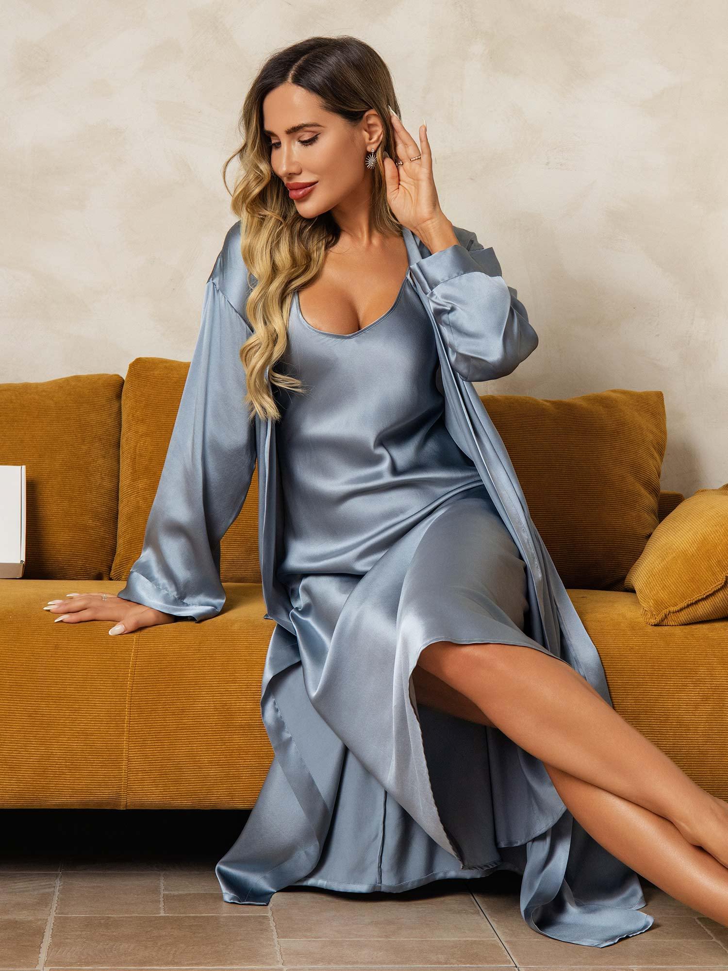 Pure Silk V-Neck Midi Nightdress & Dressing Gown Set 2Pcs - Image 41