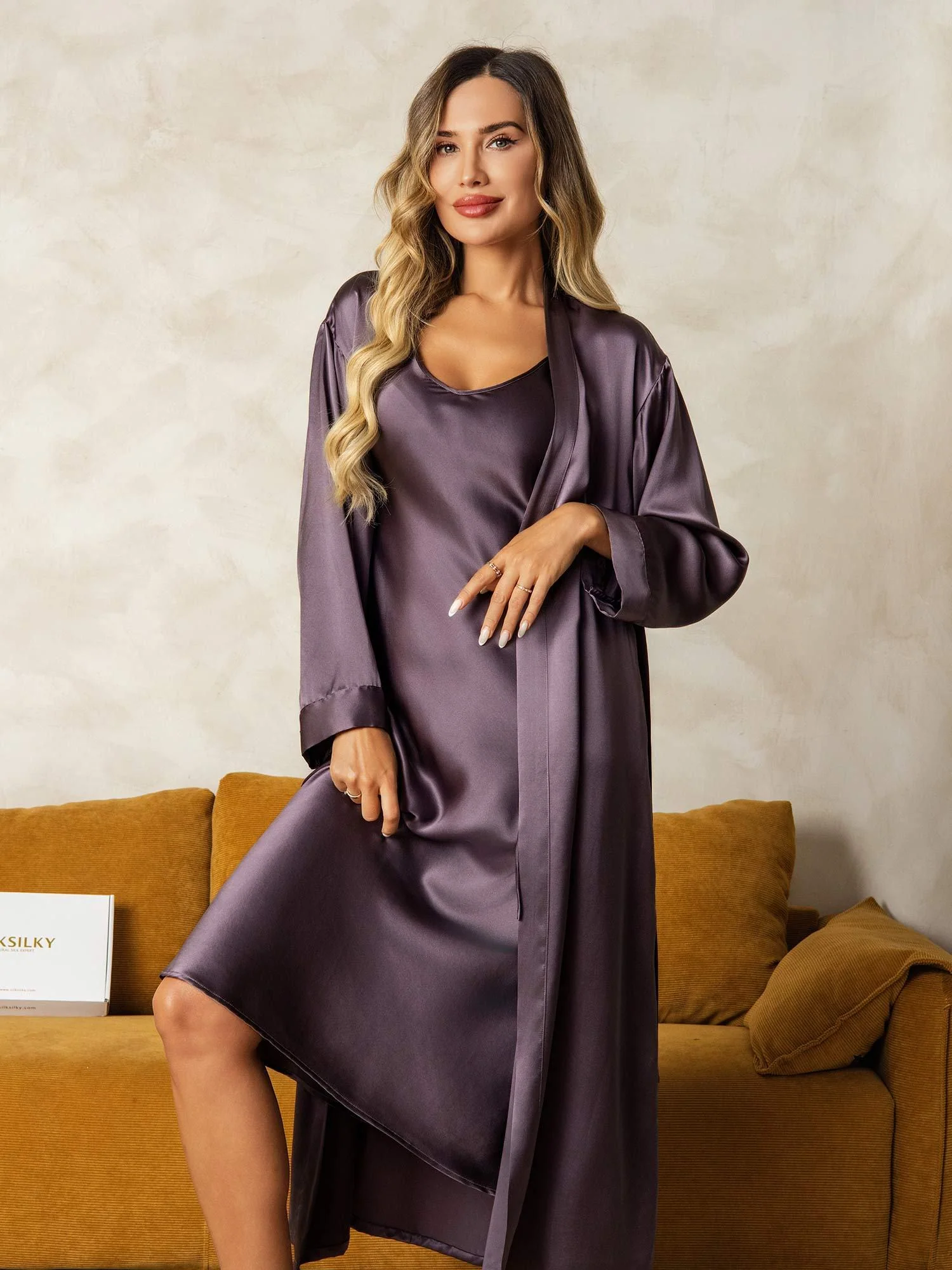 Pure Silk V-Neck Midi Nightdress & Dressing Gown Set 2Pcs - Image 44