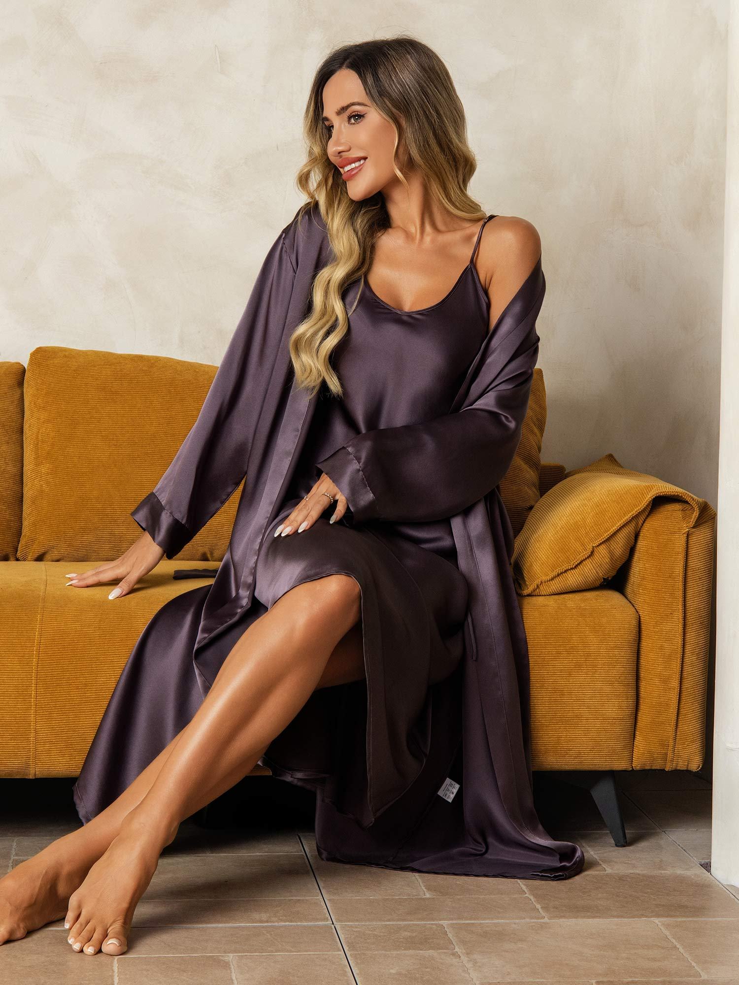 Pure Silk V-Neck Midi Nightdress & Dressing Gown Set 2Pcs - Image 45