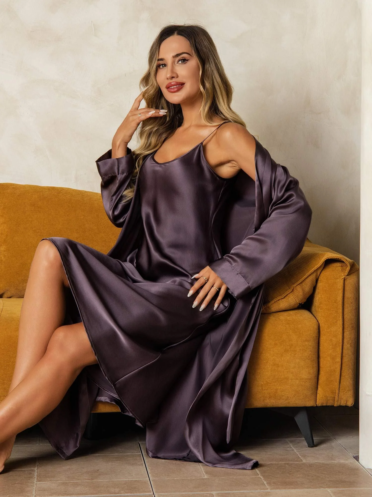 Pure Silk V-Neck Midi Nightdress & Dressing Gown Set 2Pcs - Image 47