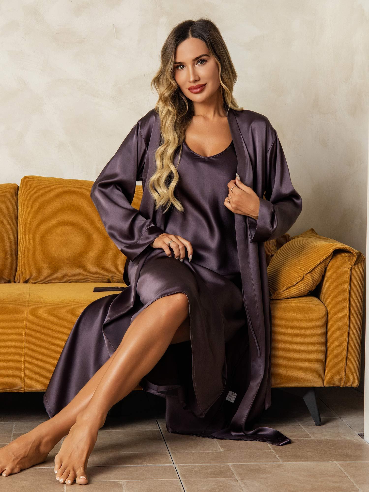 Pure Silk V-Neck Midi Nightdress & Dressing Gown Set 2Pcs - Image 48