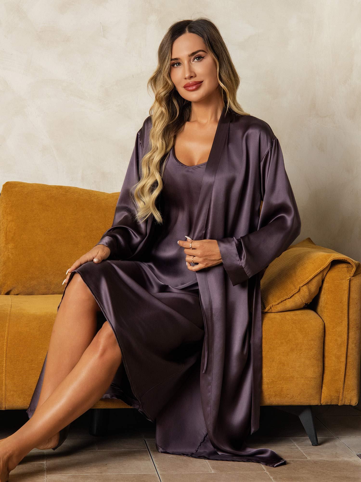 Pure Silk V-Neck Midi Nightdress & Dressing Gown Set 2Pcs - Image 49