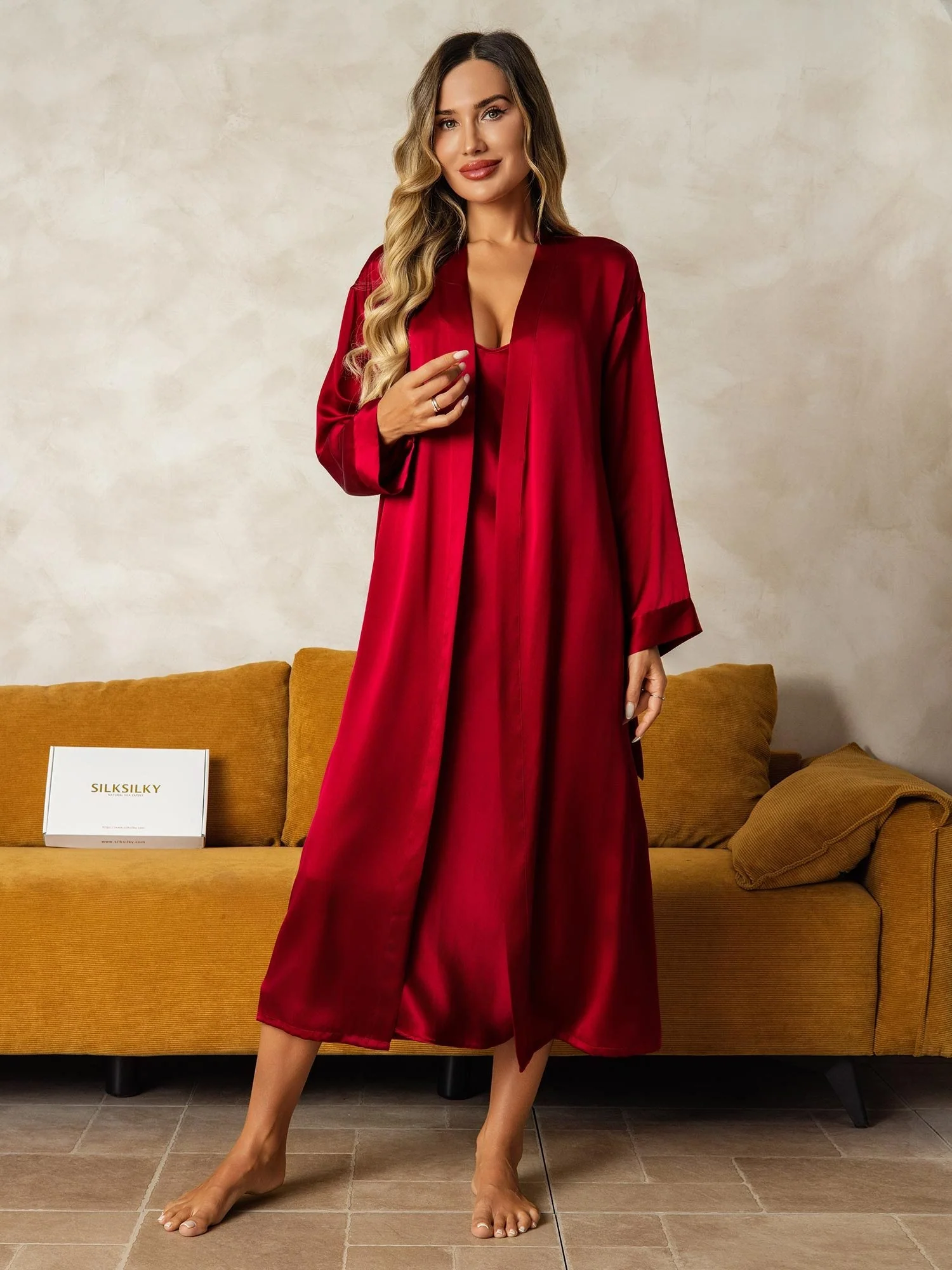Pure Silk V-Neck Midi Nightdress & Dressing Gown Set 2Pcs - Image 6