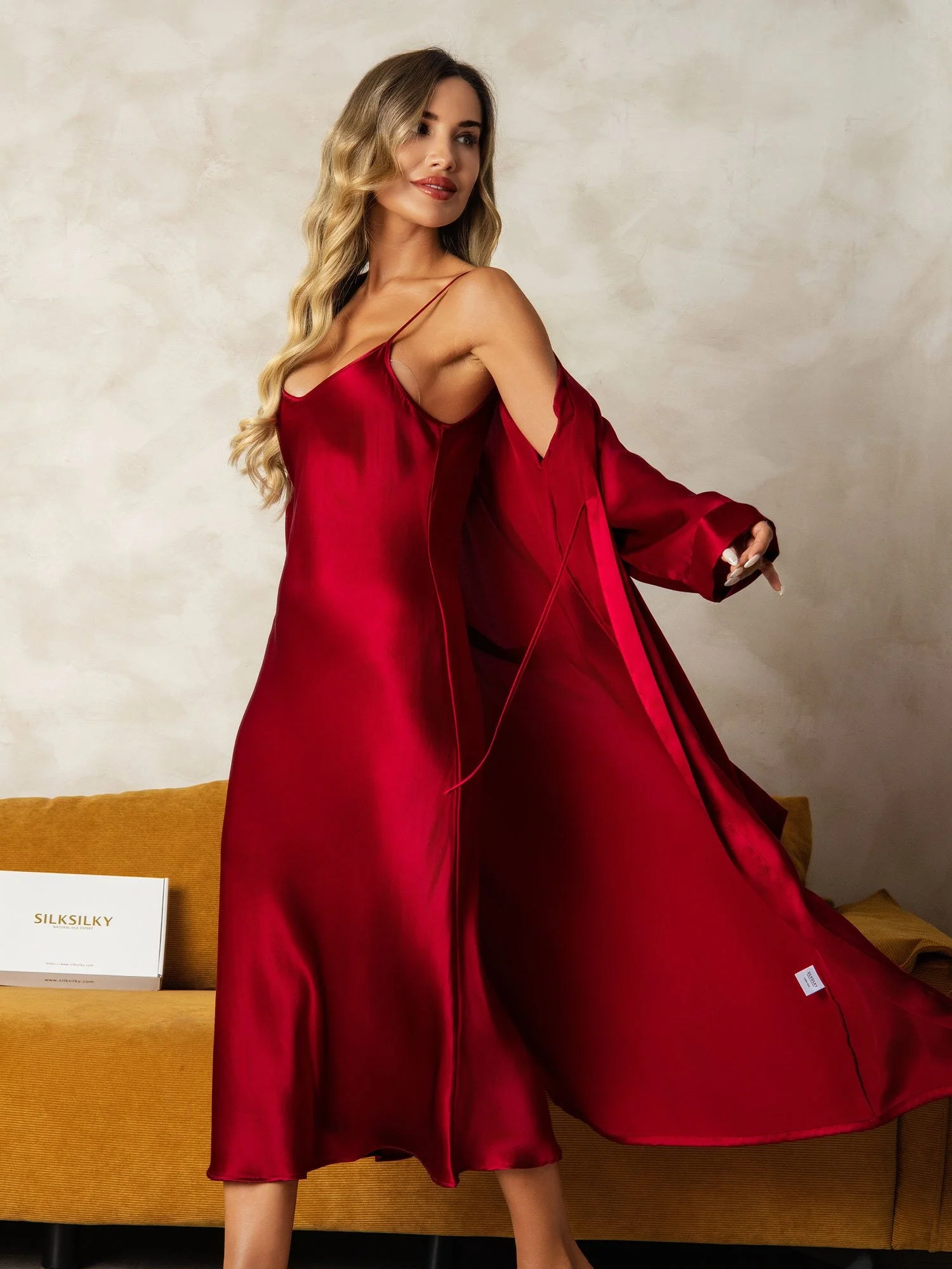 Pure Silk V-Neck Midi Nightdress & Dressing Gown Set 2Pcs - Image 7