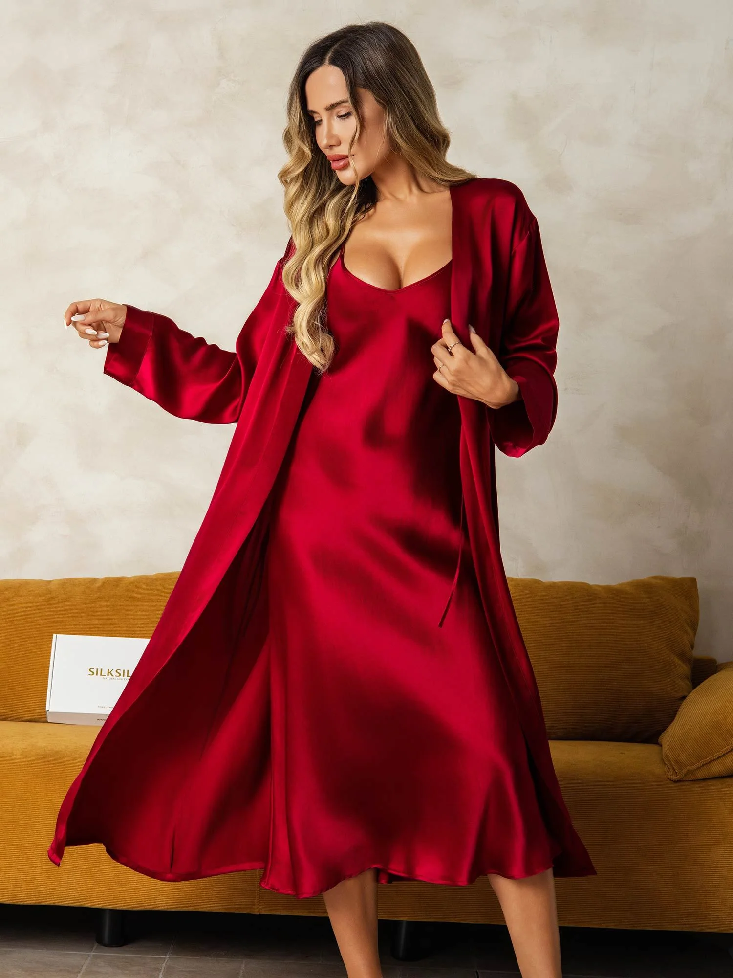Pure Silk V-Neck Midi Nightdress & Dressing Gown Set 2Pcs - Image 9