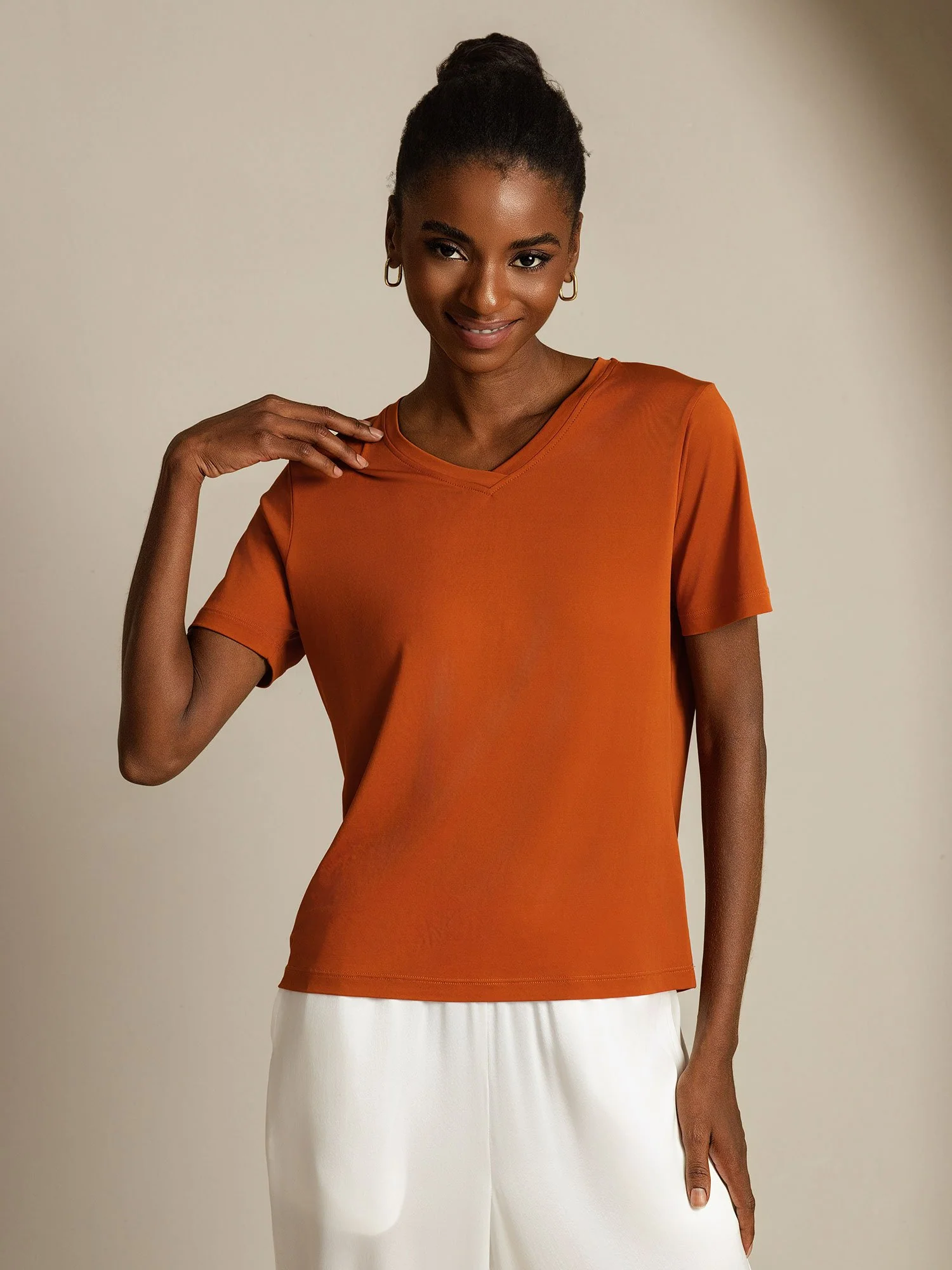 Pure Silk V Neck Short-Sleeve Snag-Resistant Women's T-Shirt - Image 8