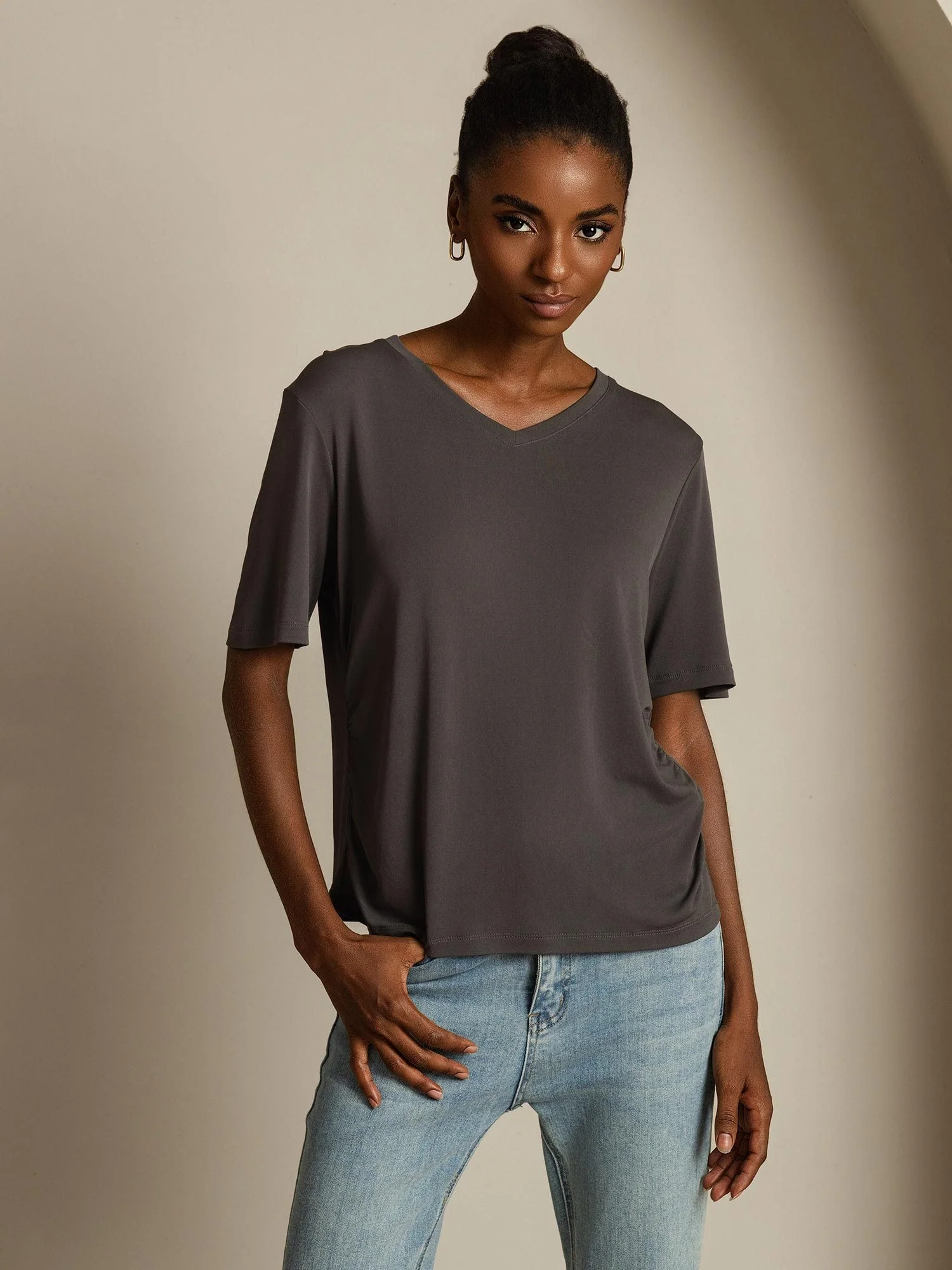 Pure Silk V-Neck Women's T-Shirt - Image 24