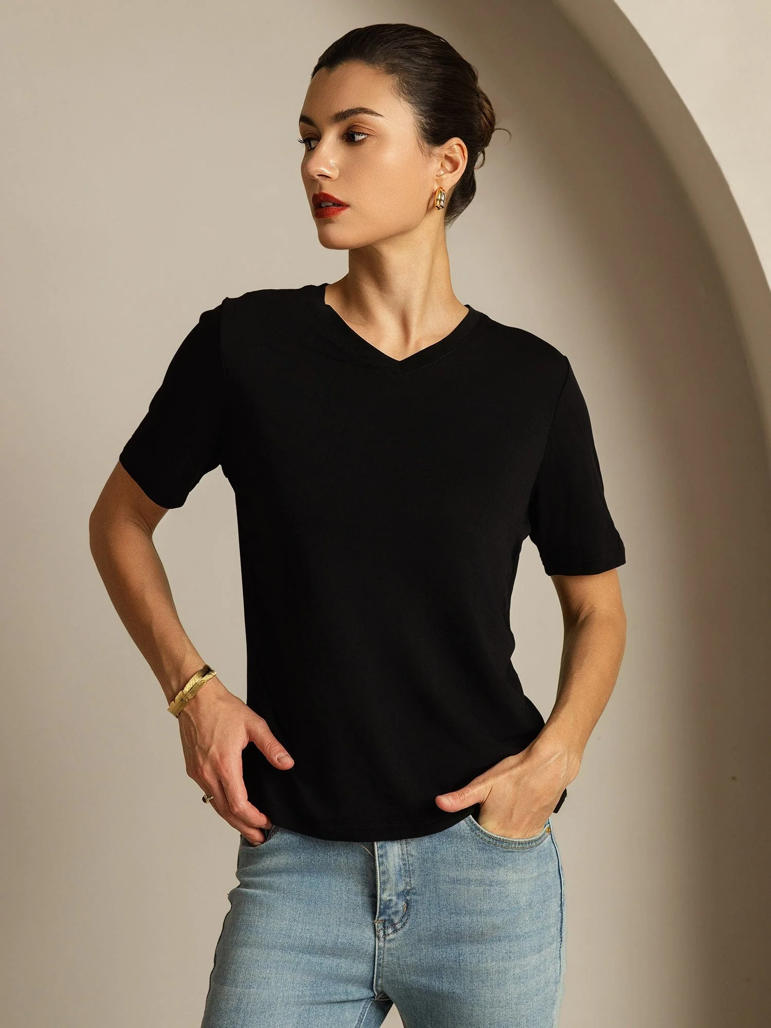 Pure Silk V-Neck Women's T-Shirt - Image 6