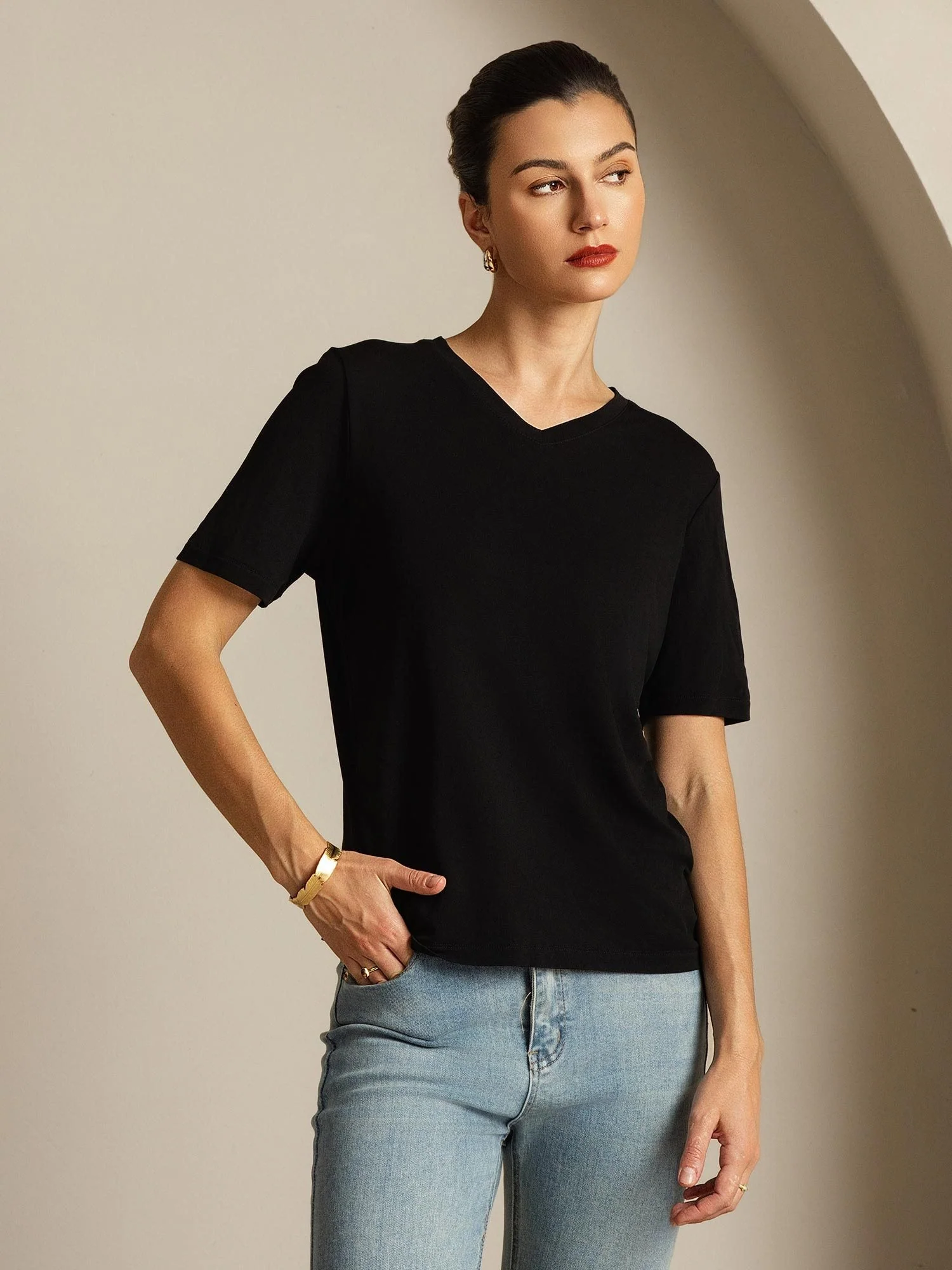 Pure Silk V-Neck Women's T-Shirt - Image 7