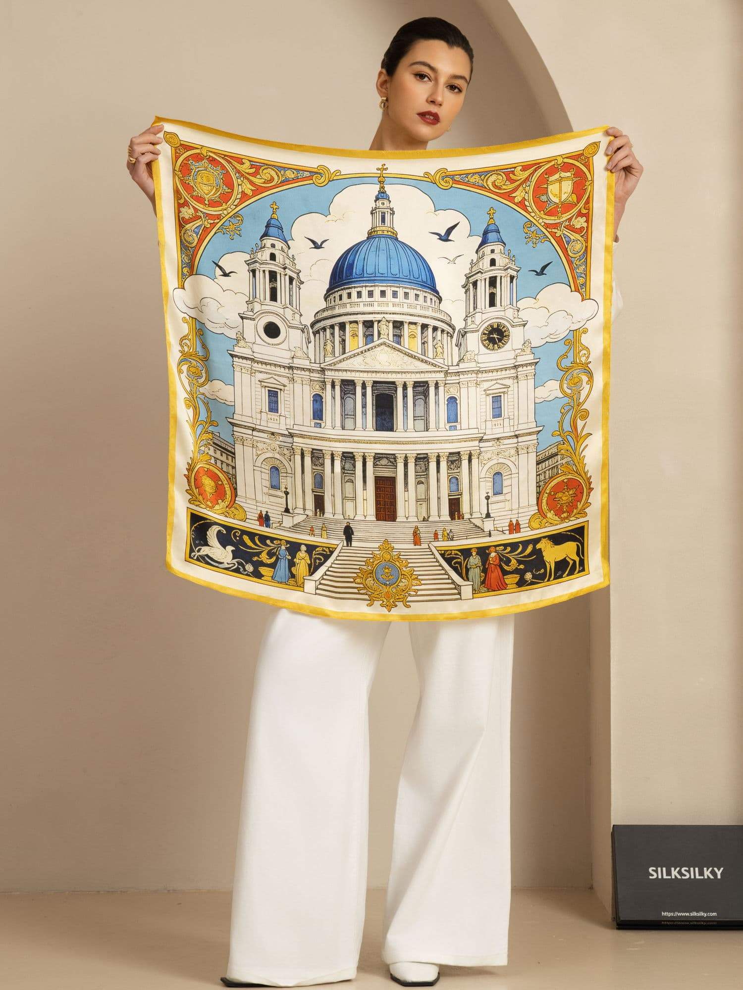 Pure Silk White Cathedrals Print Square Scarf - Size 90x90cm - Image 2