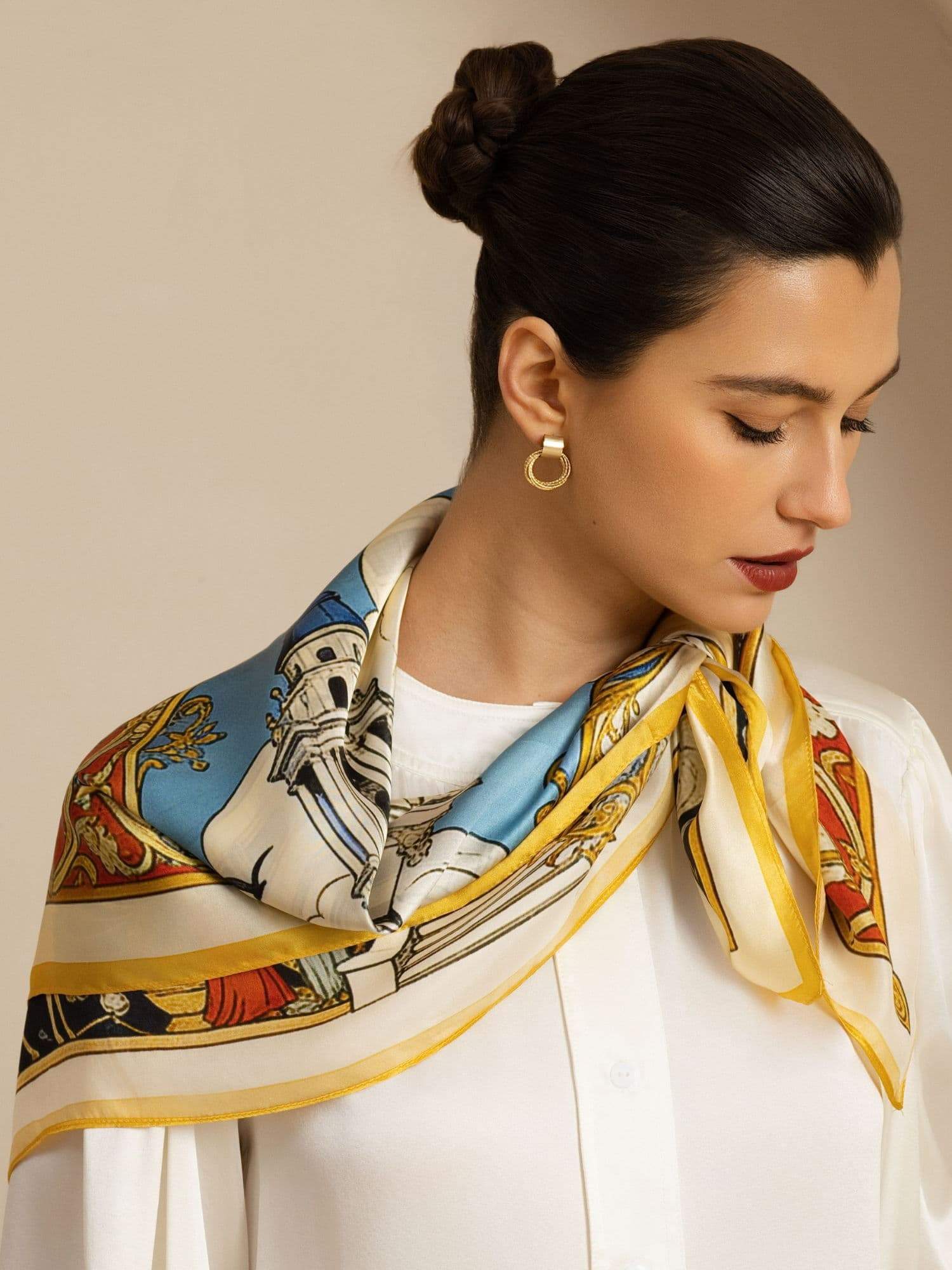 Pure Silk White Cathedrals Print Square Scarf - Size 90x90cm - Image 3